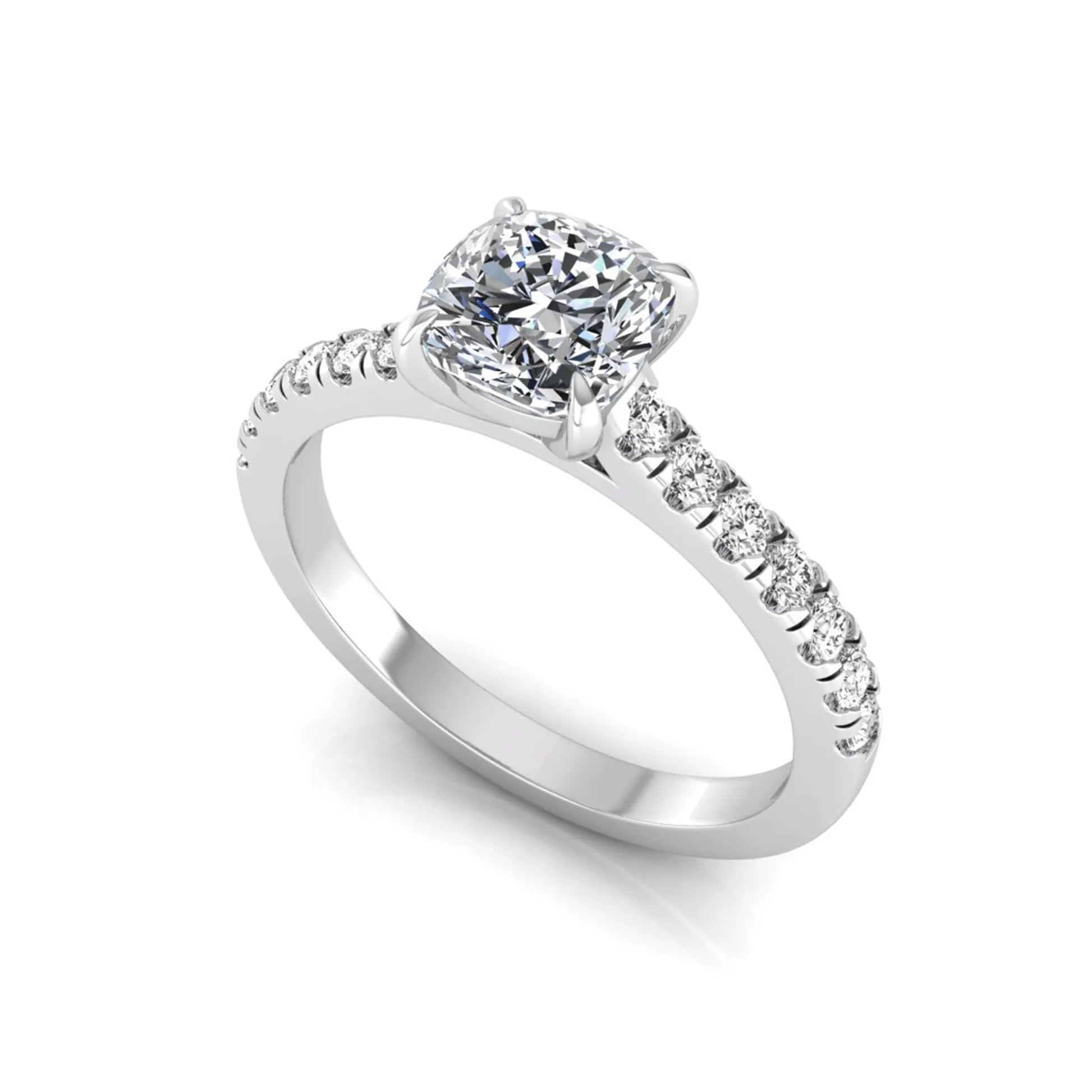 Cushion cut lab grown diamond engagement ring featuring a 1.03 carat center diamond in a four-prong setting with round accent diamonds on a white gold design.