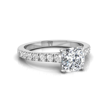 Cushion cut lab grown diamond engagement ring featuring a 1.03 carat center diamond in a four-prong setting with round accent diamonds on a white gold design.