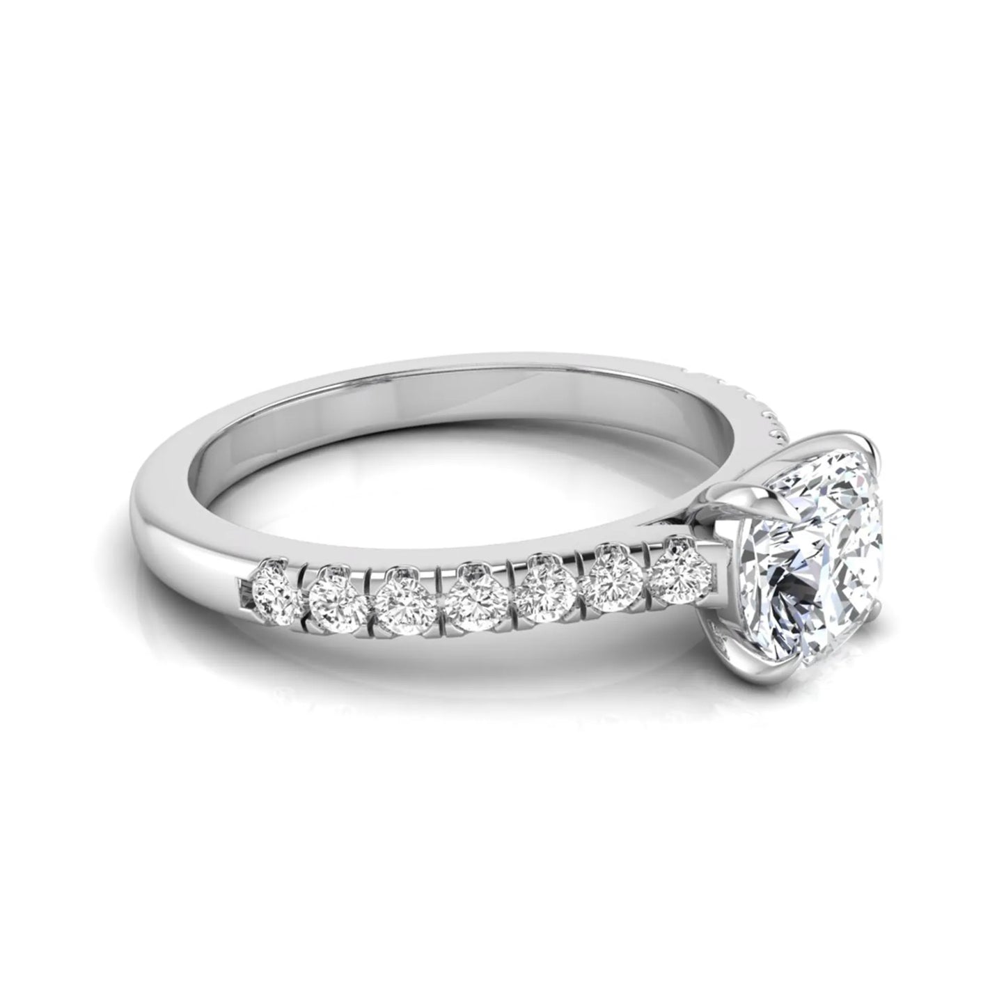 Cushion cut lab grown diamond engagement ring featuring a 1.03 carat center diamond in a four-prong setting with round accent diamonds on a white gold design.