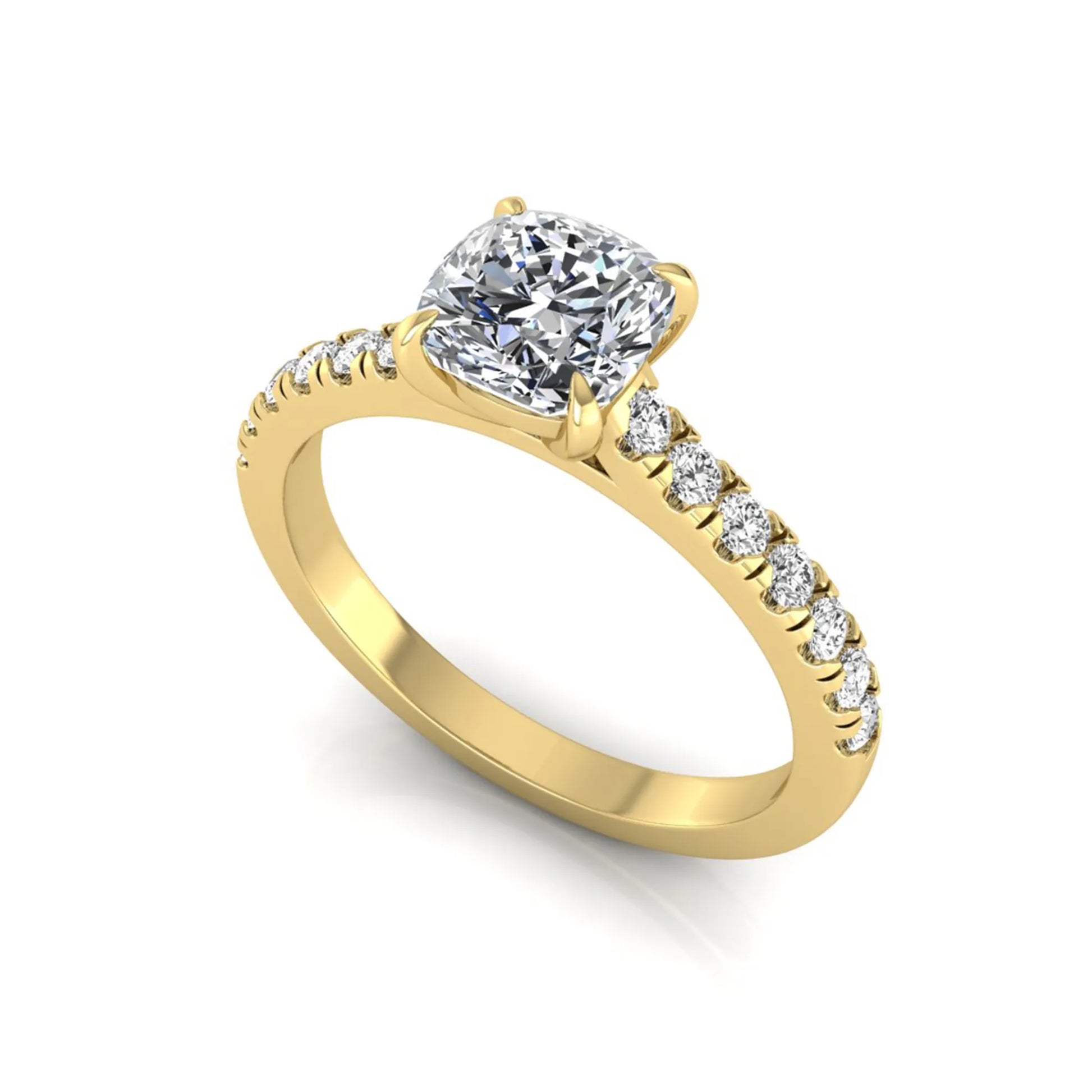Cushion cut lab grown diamond engagement ring featuring a 1.03 carat center diamond in a four-prong setting with round accent diamonds on a yellow gold design.