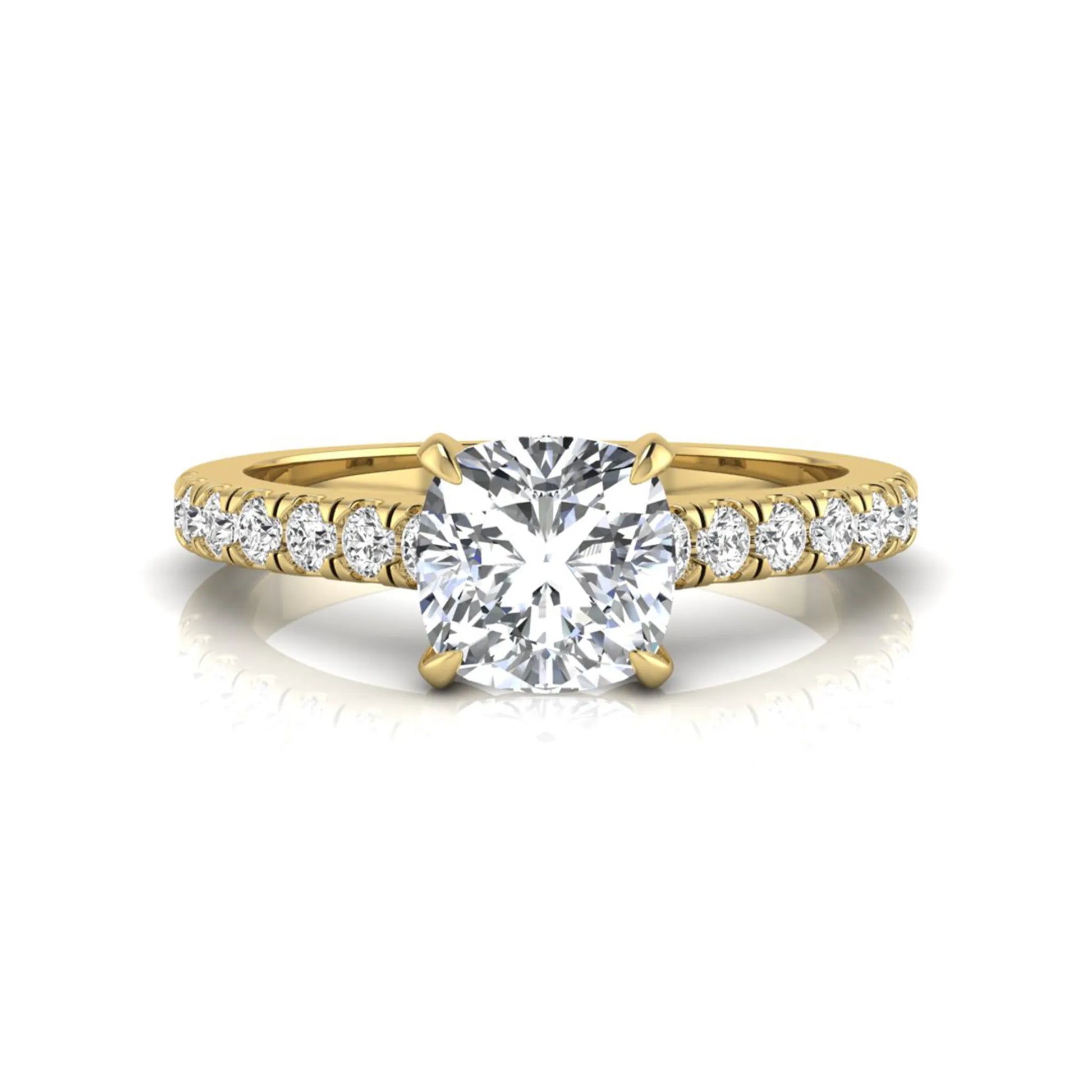 Cushion cut lab grown diamond engagement ring featuring a 1.03 carat center diamond in a four-prong setting with round accent diamonds on a yellow gold design.