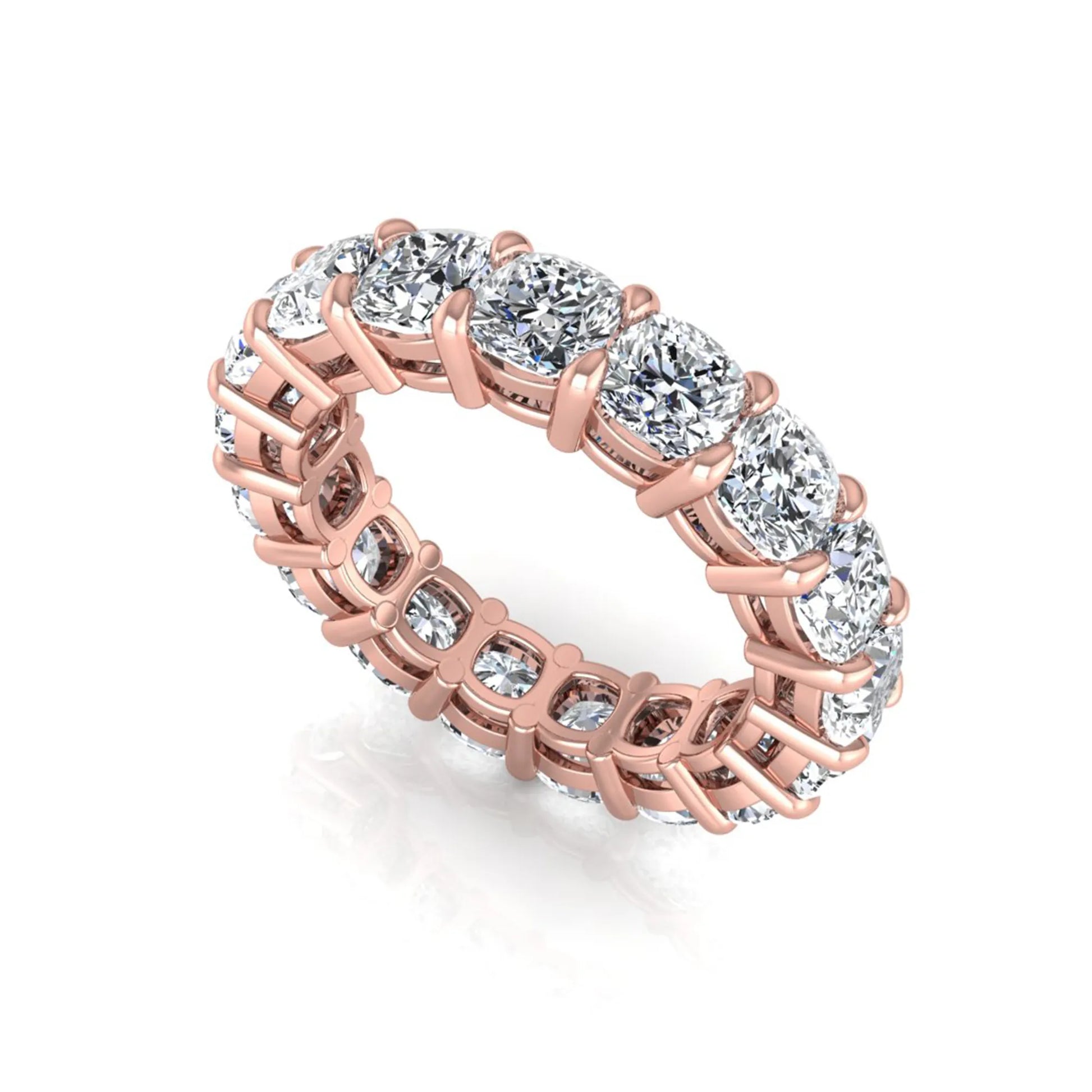 Cushion cut lab grown diamond eternity band ring featuring shared prong set diamonds with a rose gold tone design.