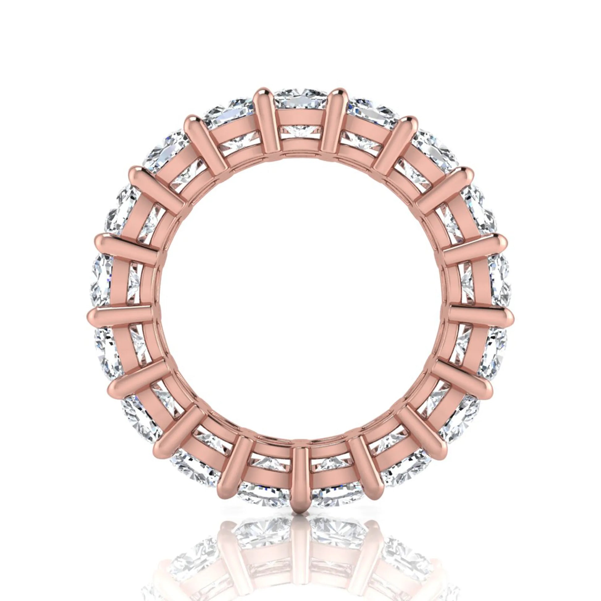 Cushion cut lab grown diamond eternity band ring featuring shared prong set diamonds with a rose gold tone design.