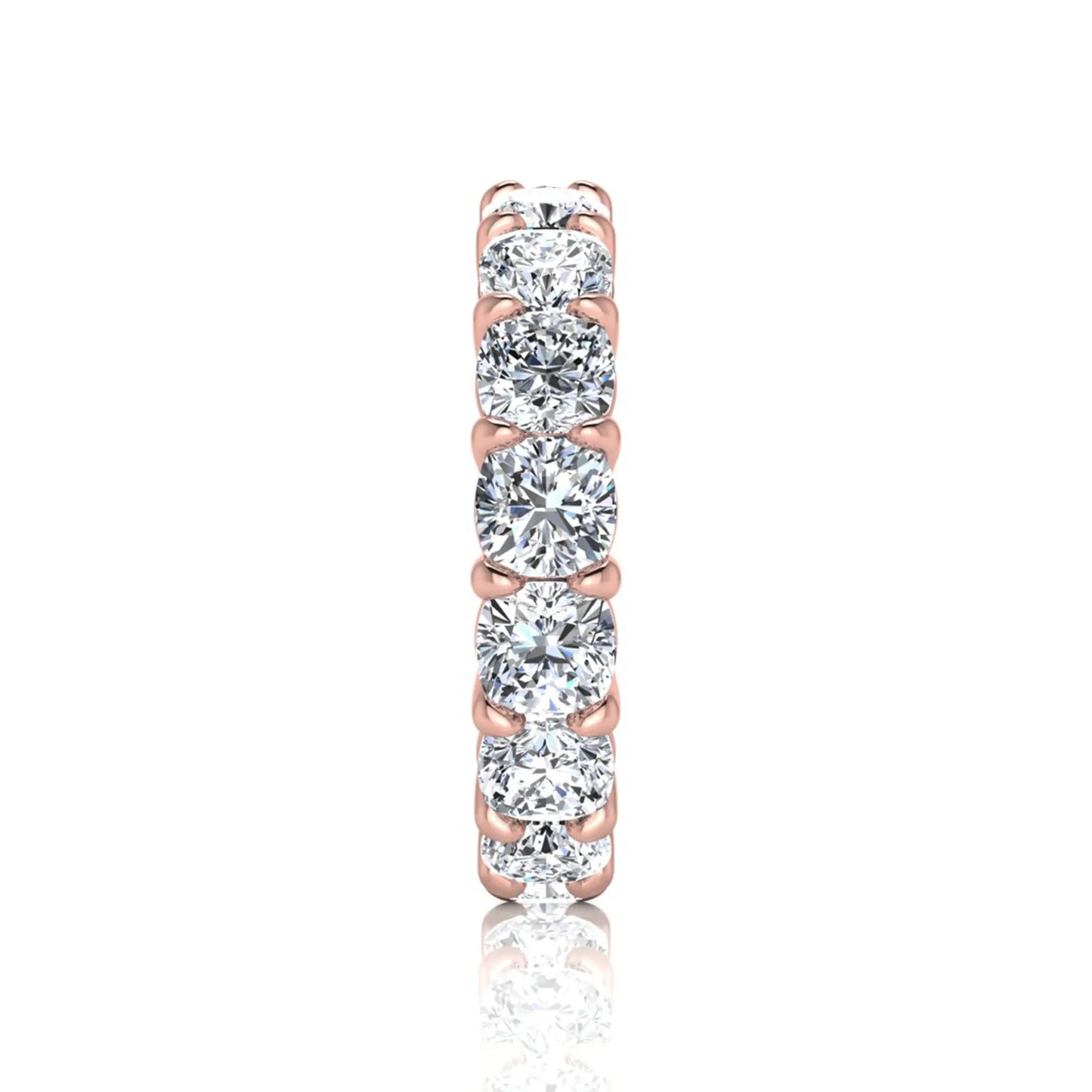 Cushion cut lab grown diamond eternity band ring featuring shared prong set diamonds with a rose gold tone design.
