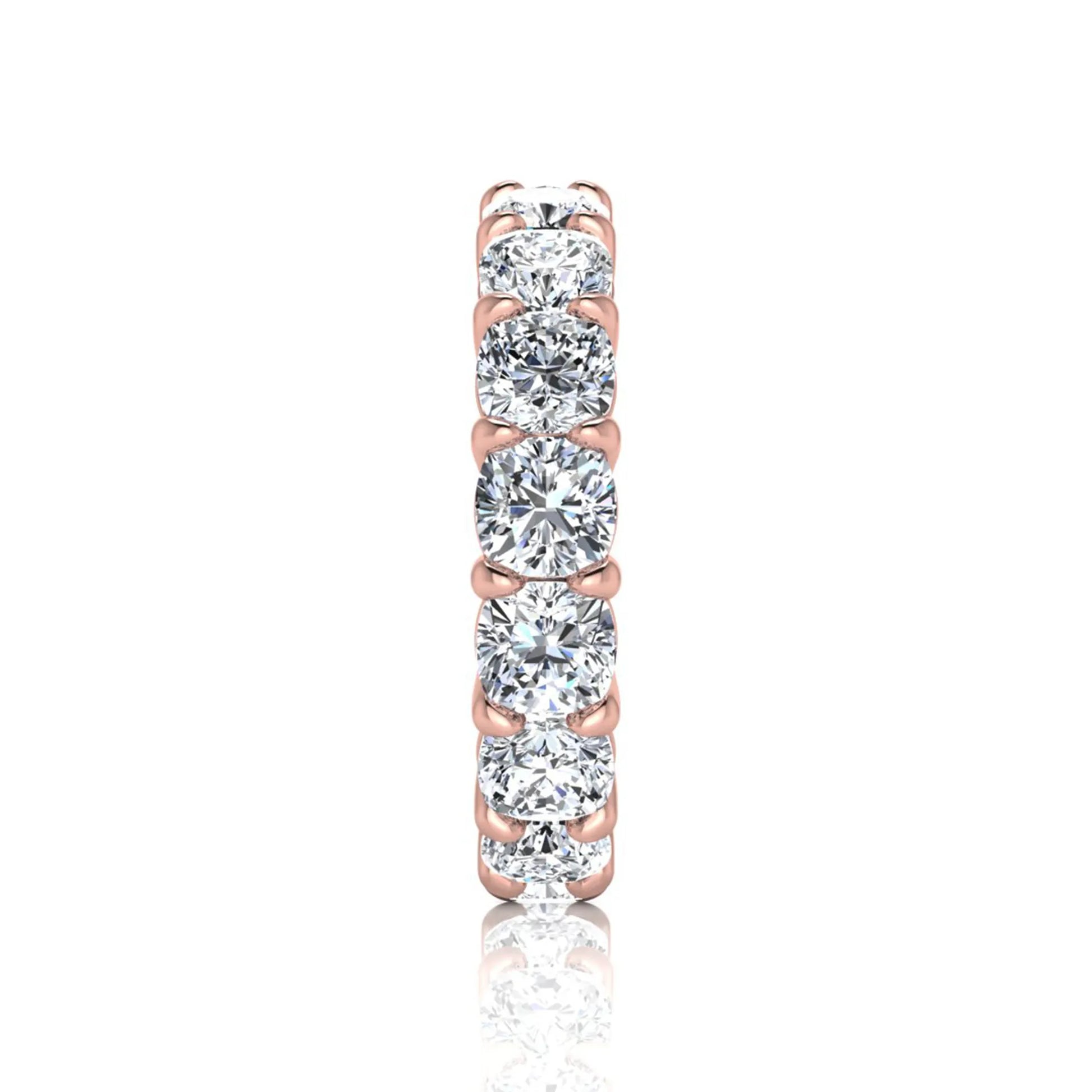 Cushion cut lab grown diamond eternity band ring featuring shared prong set diamonds with a rose gold tone design.