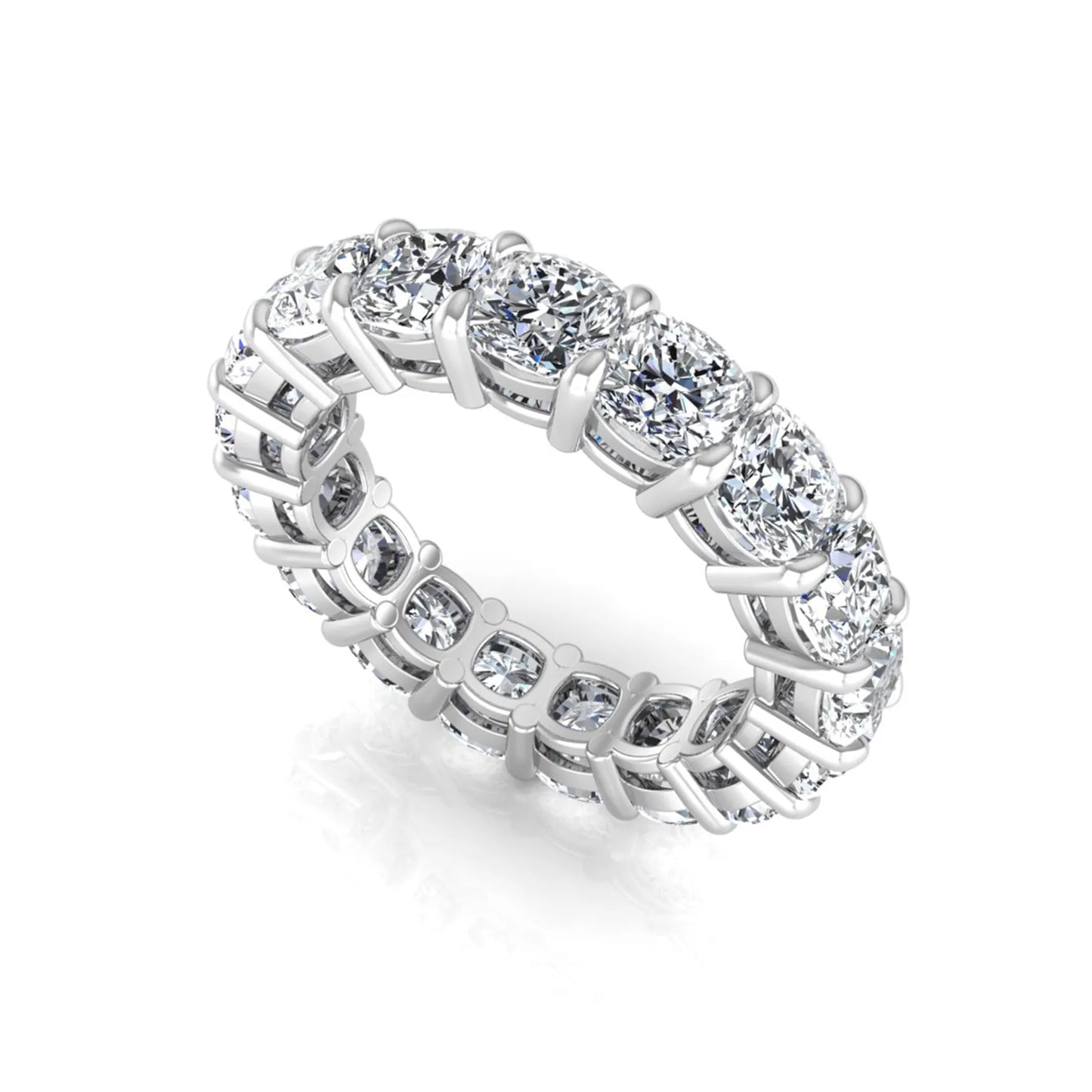 Cushion cut lab grown diamond eternity band ring featuring shared prong set diamonds with a white gold tone design.