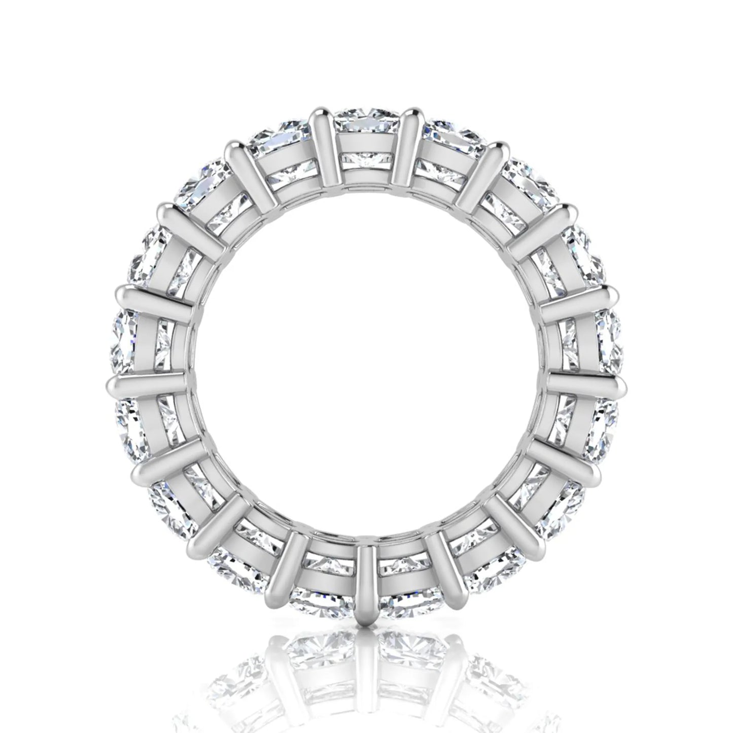Cushion cut lab grown diamond eternity band ring featuring shared prong set diamonds with a white gold tone design.