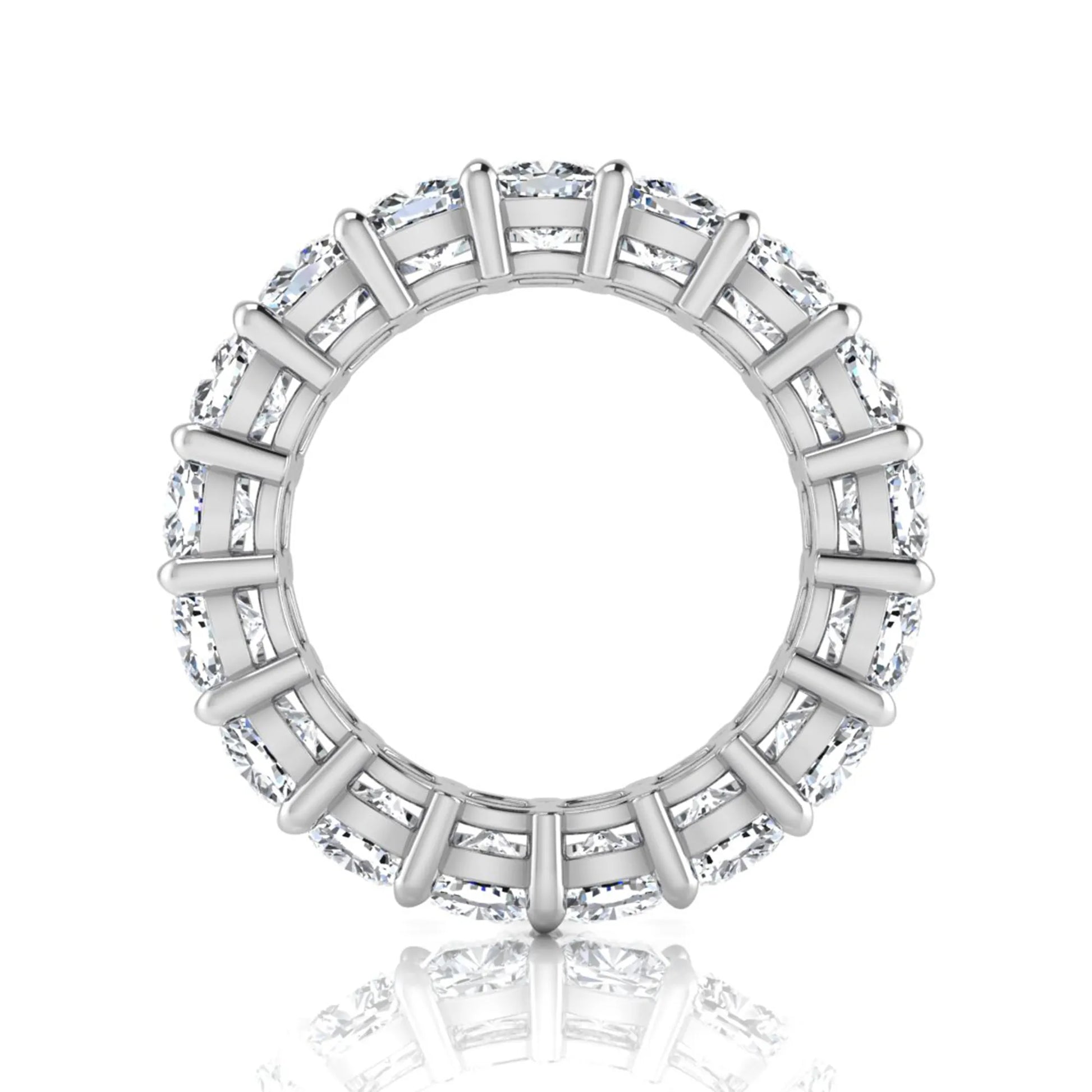 Cushion cut lab grown diamond eternity band ring featuring shared prong set diamonds with a white gold tone design.