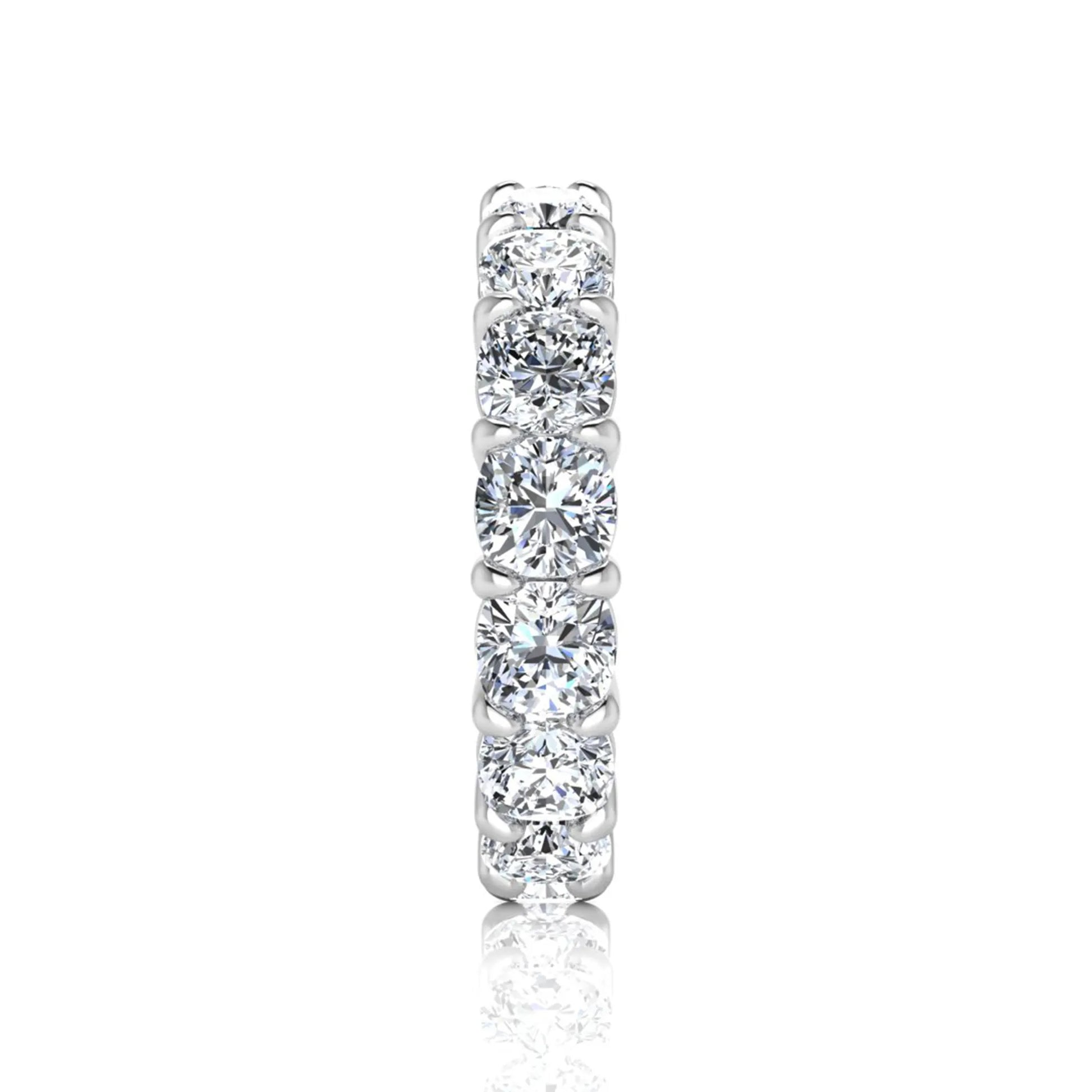 Cushion cut lab grown diamond eternity band ring featuring shared prong set diamonds with a white gold tone design.