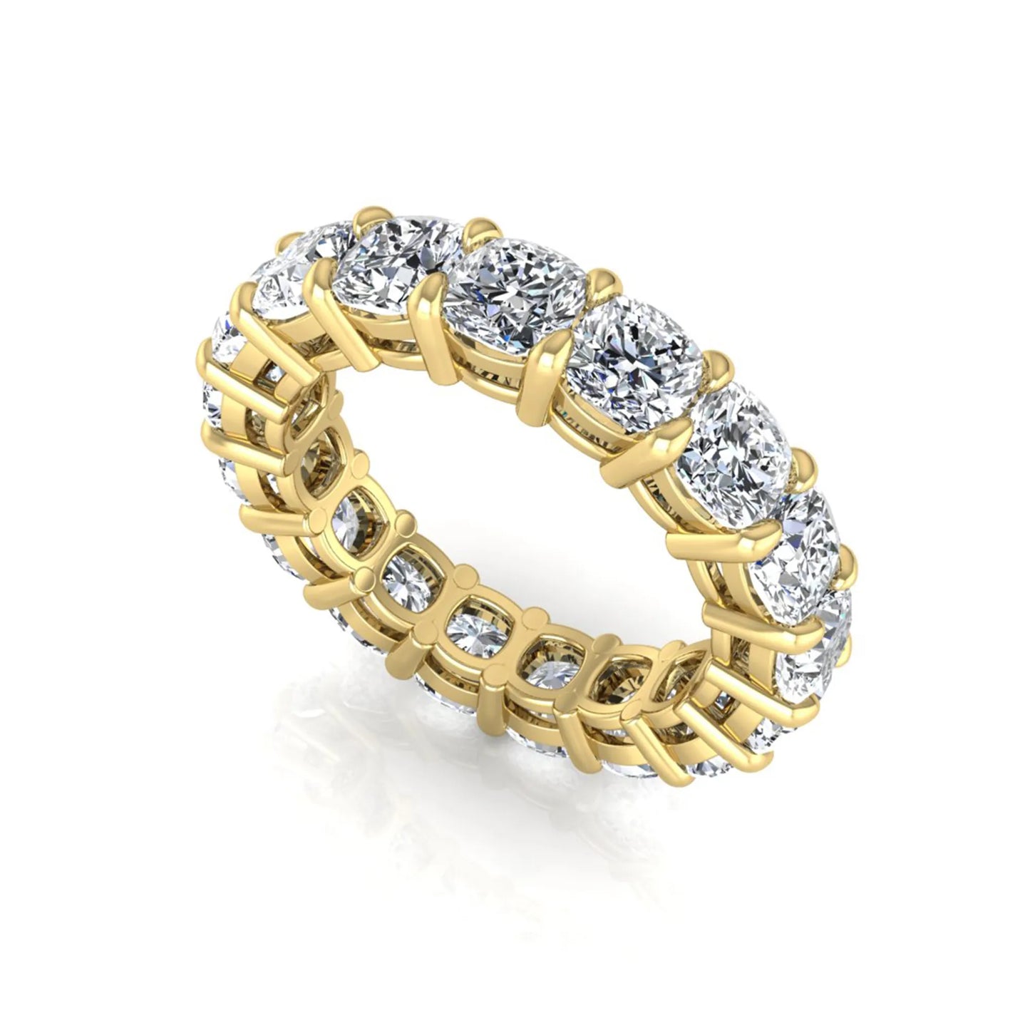 Cushion cut lab grown diamond eternity band ring featuring shared prong set diamonds with a yellow gold tone design.