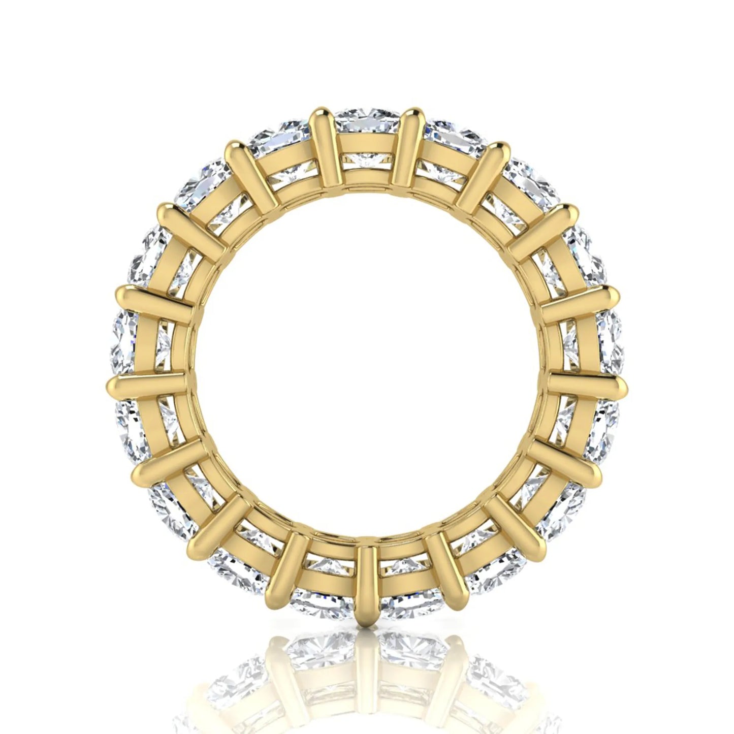 Cushion cut lab grown diamond eternity band ring featuring shared prong set diamonds with a yellow gold tone design.