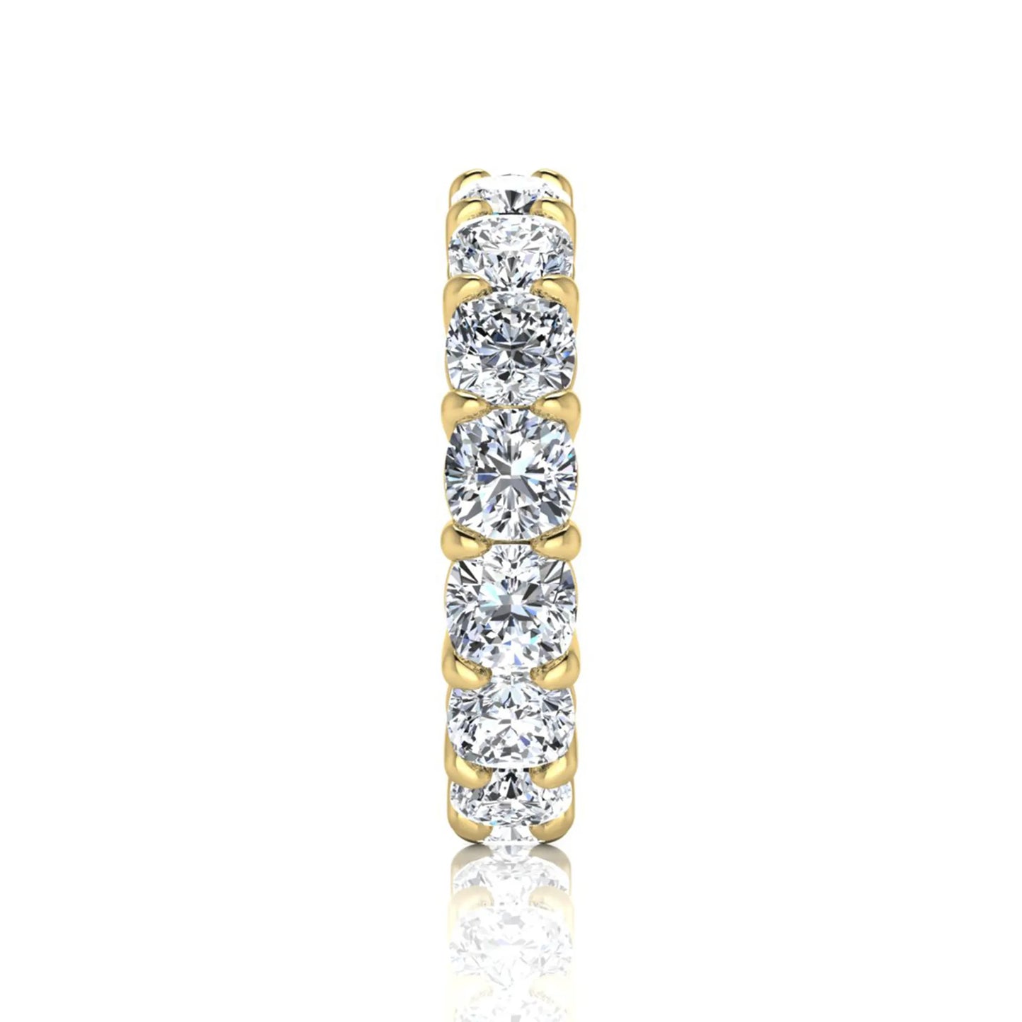 Cushion cut lab grown diamond eternity band ring featuring shared prong set diamonds with a yellow gold tone design.