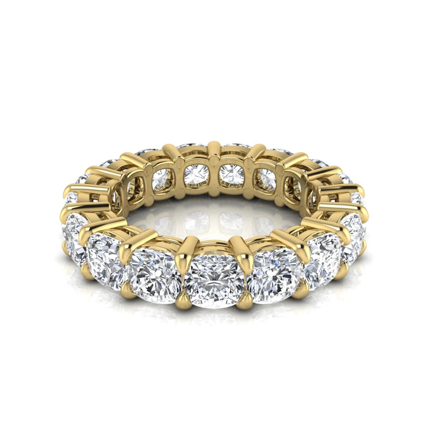 Cushion cut lab grown diamond eternity band ring featuring shared prong set diamonds with a yellow gold tone design.