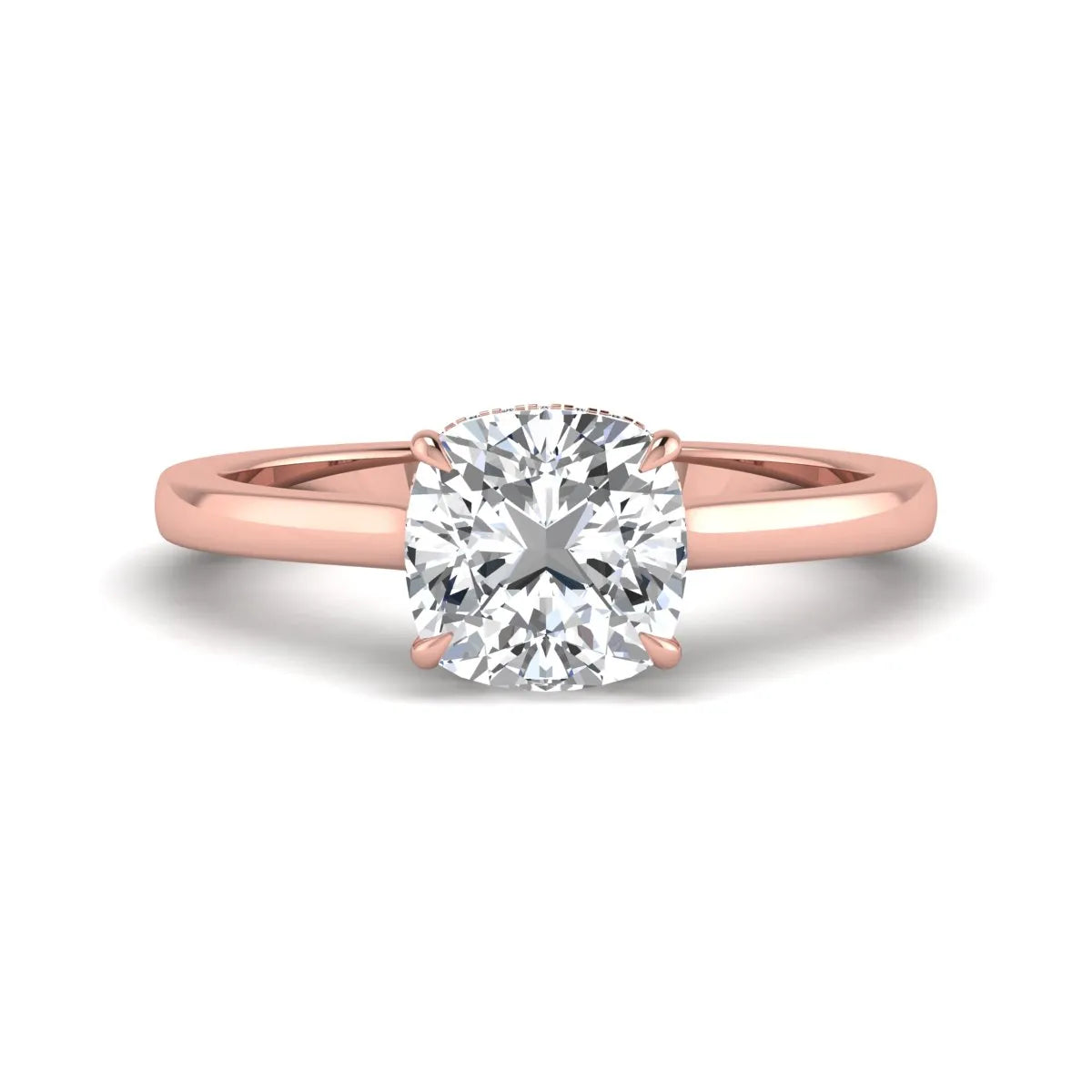 IGI certified cushion cut lab grown diamond hidden halo solitaire engagement ring in rose gold.