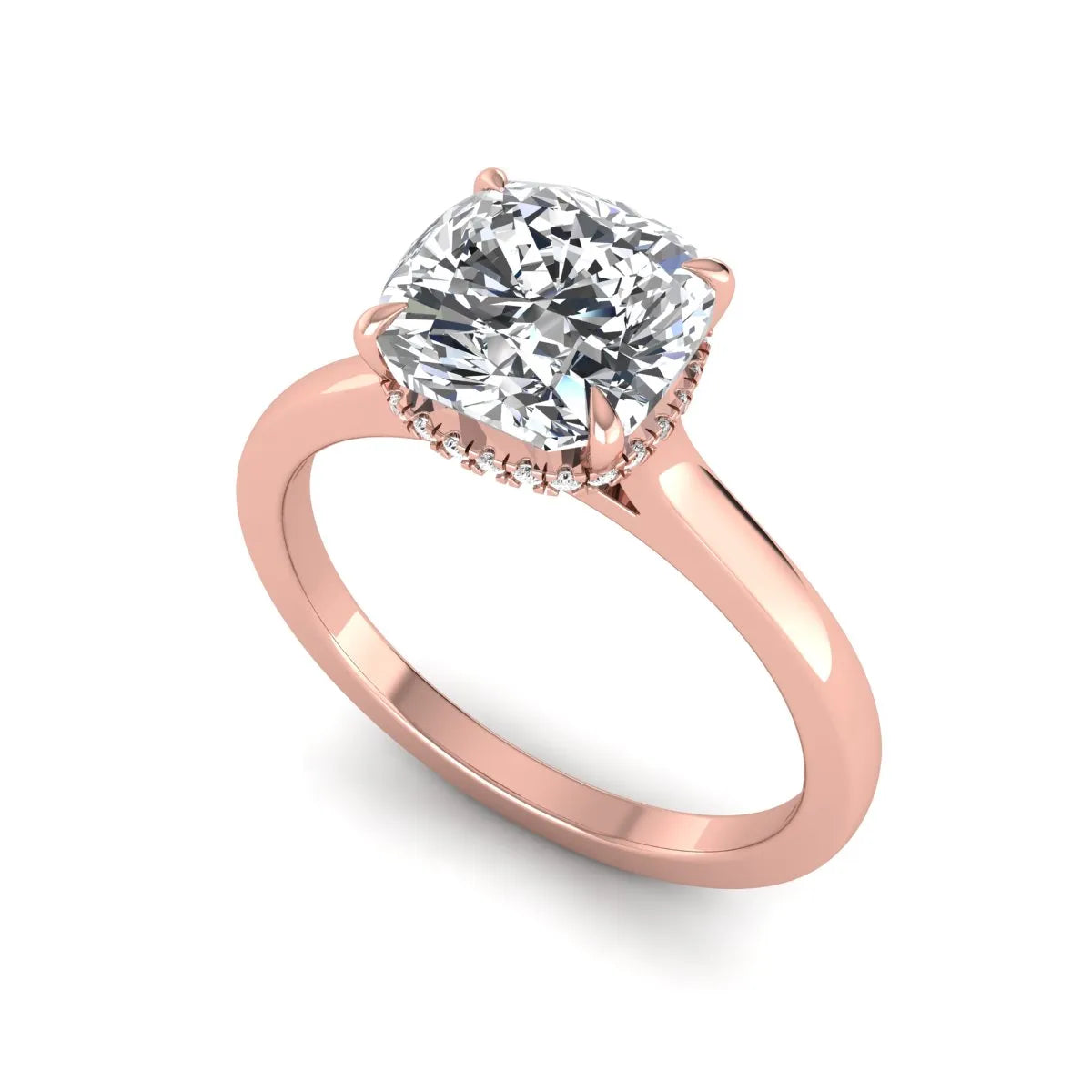 IGI certified cushion cut lab grown diamond hidden halo solitaire engagement ring in rose gold.