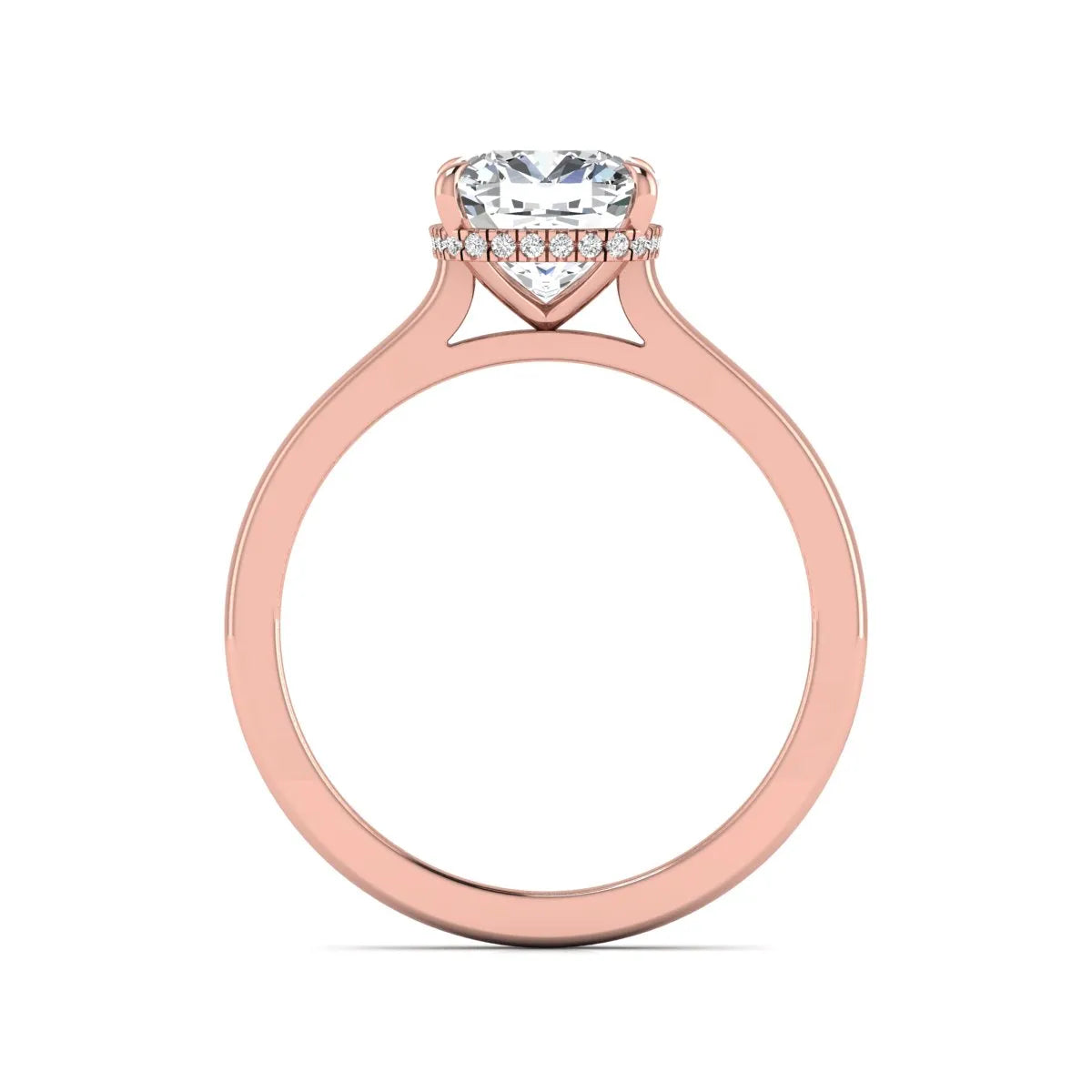 IGI certified cushion cut lab grown diamond hidden halo solitaire engagement ring in rose gold.