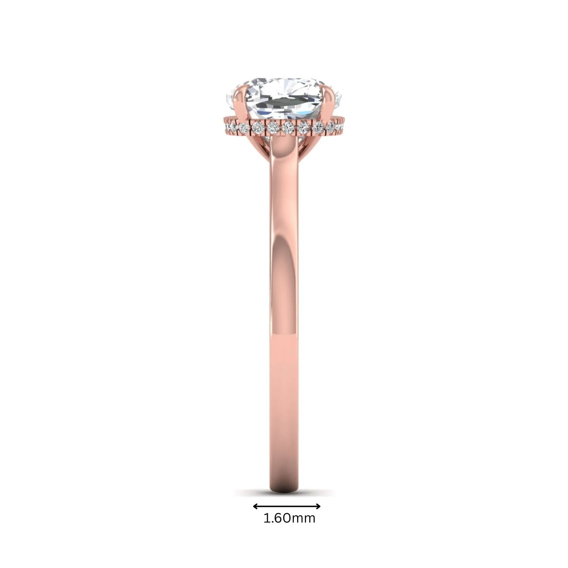 IGI certified cushion cut lab grown diamond hidden halo solitaire engagement ring in rose gold.