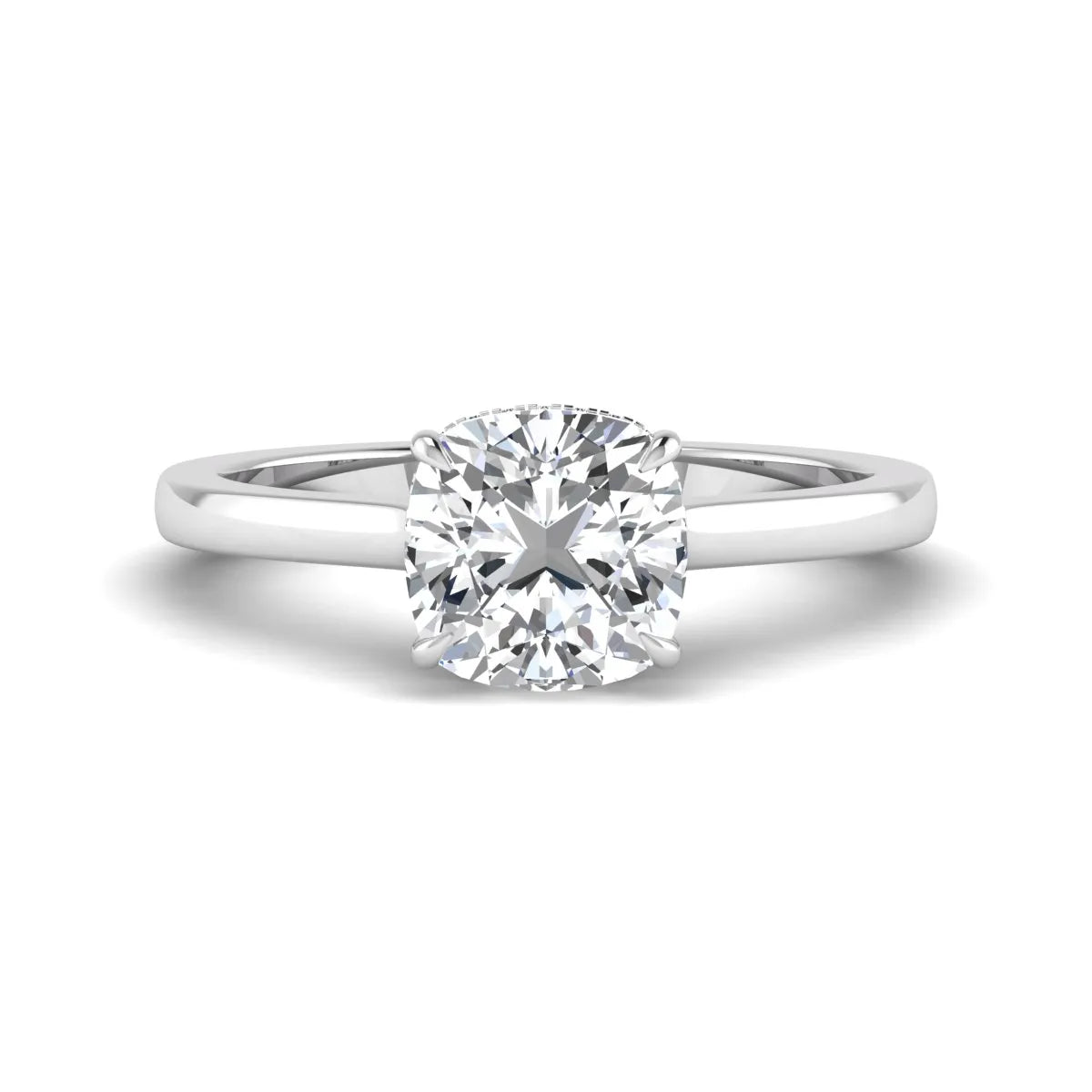 IGI certified cushion cut lab grown diamond hidden halo solitaire engagement ring in white gold.