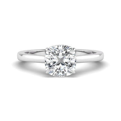 IGI certified cushion cut lab grown diamond hidden halo solitaire engagement ring in white gold.
