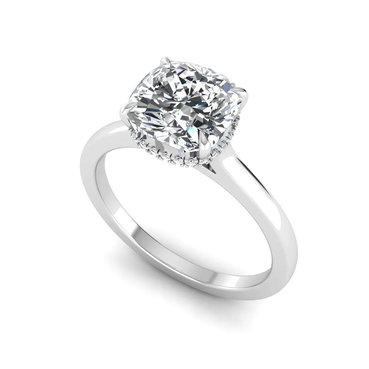 IGI certified cushion cut lab grown diamond hidden halo solitaire engagement ring in white gold.