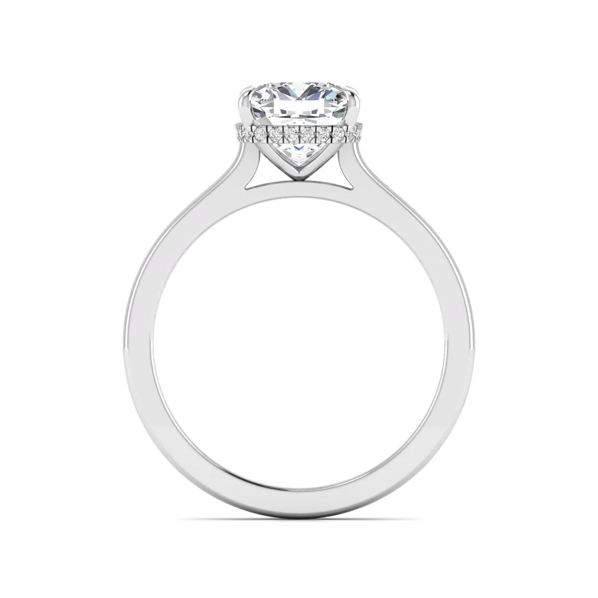 IGI certified cushion cut lab grown diamond hidden halo solitaire engagement ring in white gold.