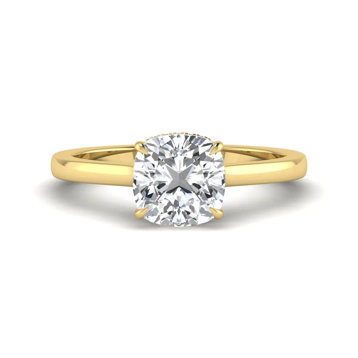 IGI certified cushion cut lab grown diamond hidden halo solitaire engagement ring in yellow gold.