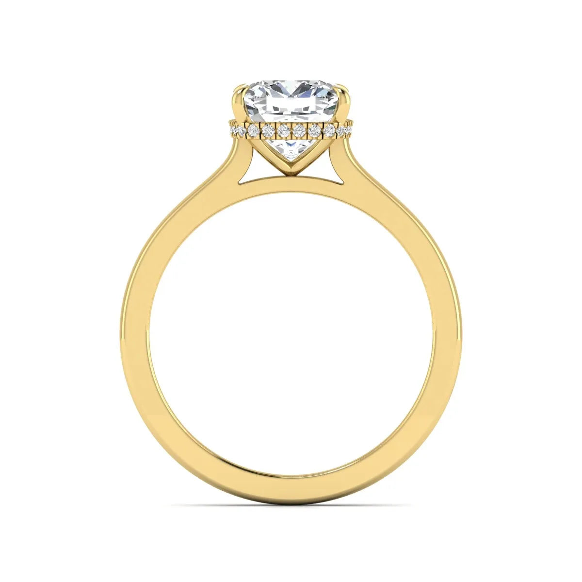 IGI certified cushion cut lab grown diamond hidden halo solitaire engagement ring in yellow gold.