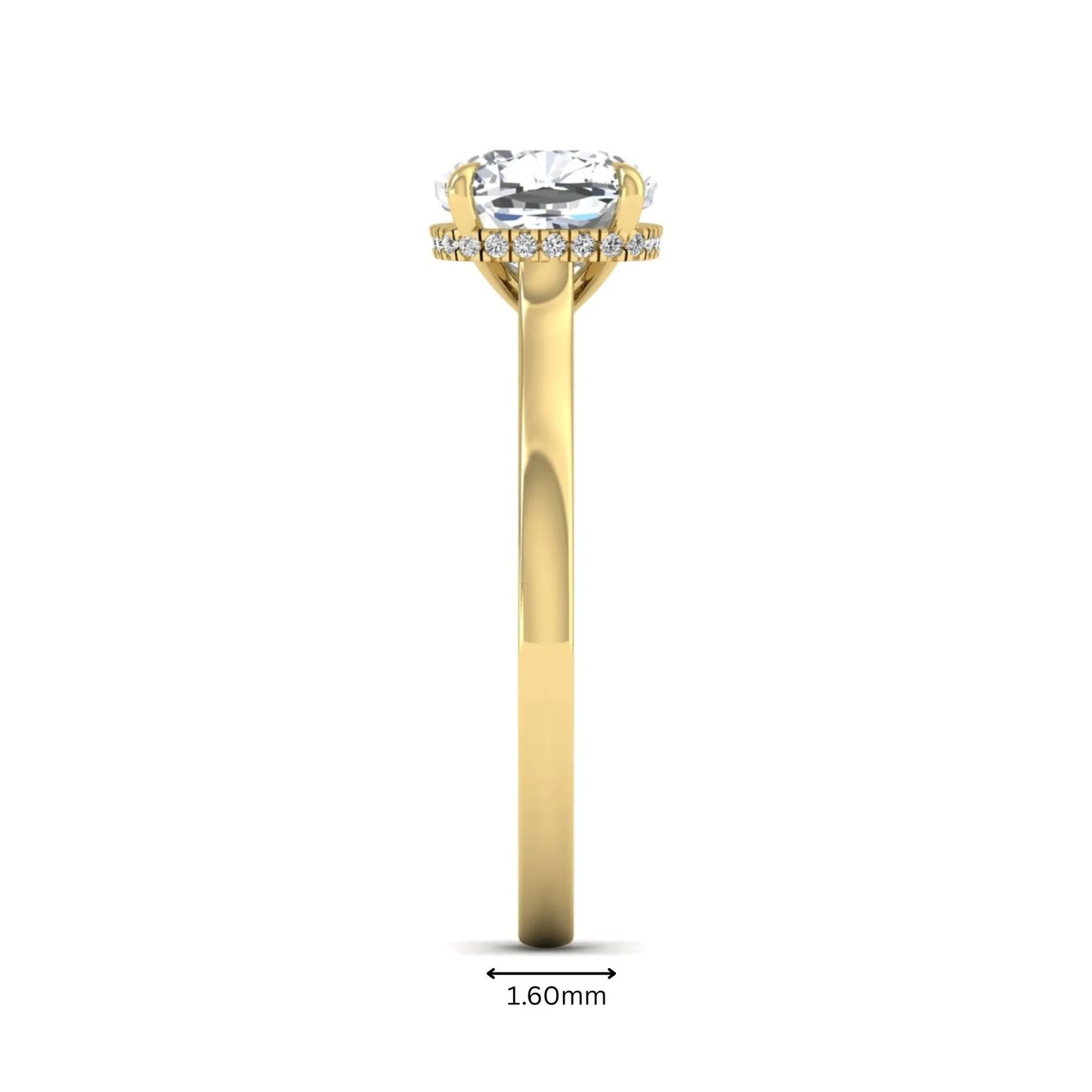 IGI certified cushion cut lab grown diamond hidden halo solitaire engagement ring in yellow gold.