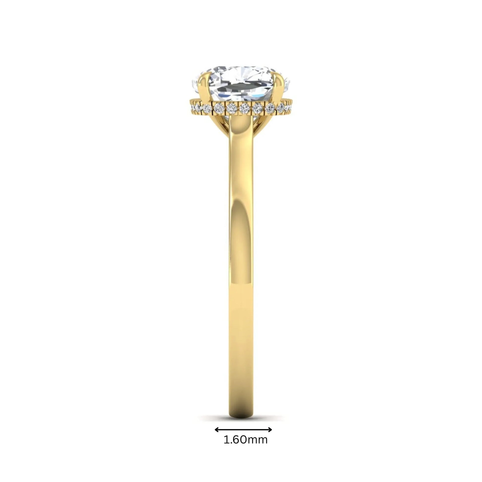 IGI certified cushion cut lab grown diamond hidden halo solitaire engagement ring in yellow gold.