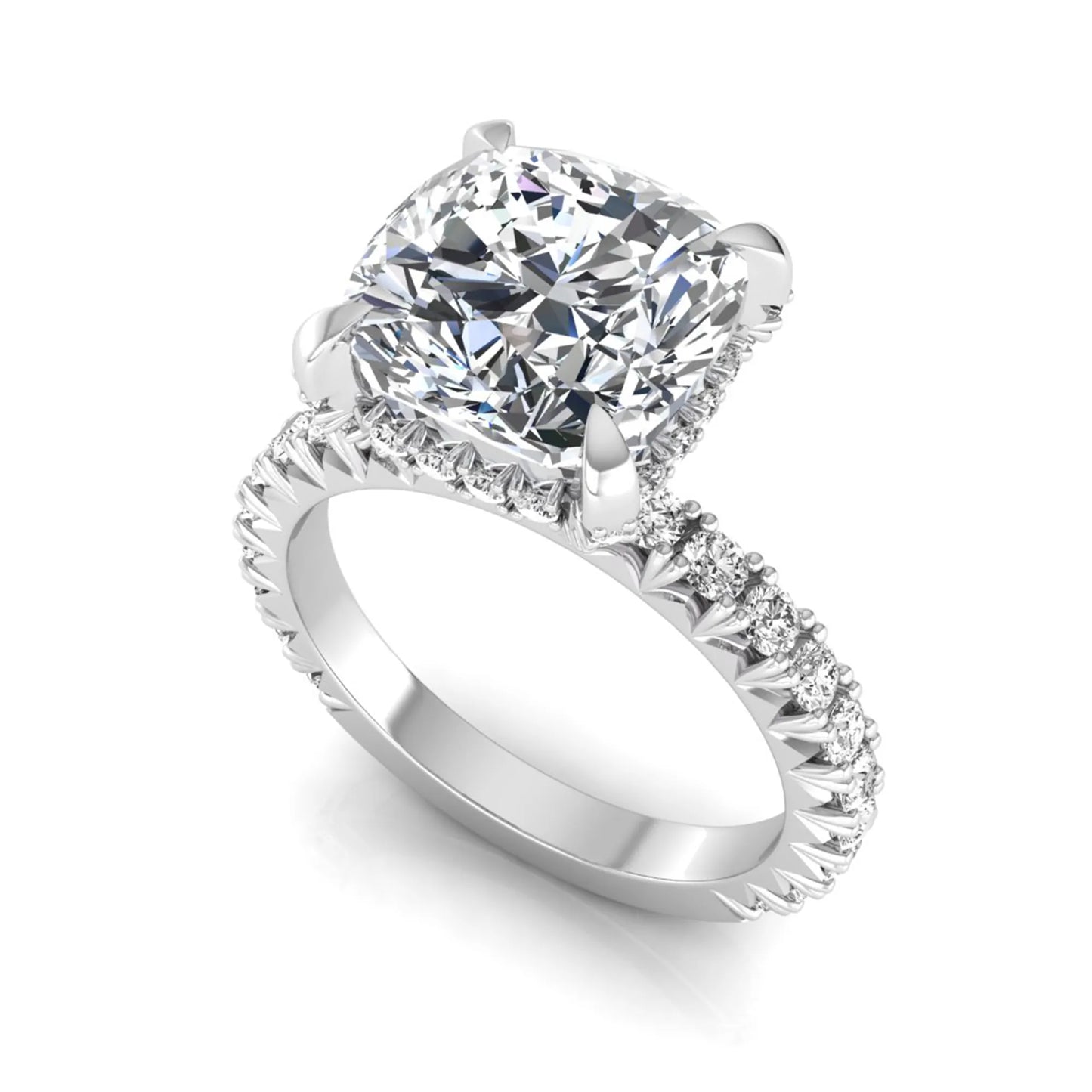 Cushion cut lab grown diamond engagement ring featuring a four-prong setting with round pavé side diamonds and white gold tone band.