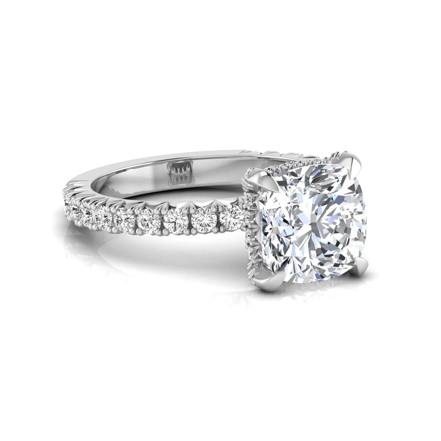 Cushion cut lab grown diamond engagement ring featuring a four-prong setting with round pavé side diamonds and white gold tone band.