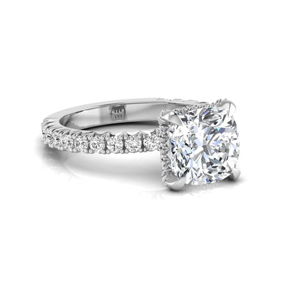 Cushion cut lab grown diamond engagement ring featuring a four-prong setting with round pavé side diamonds and white gold tone band.