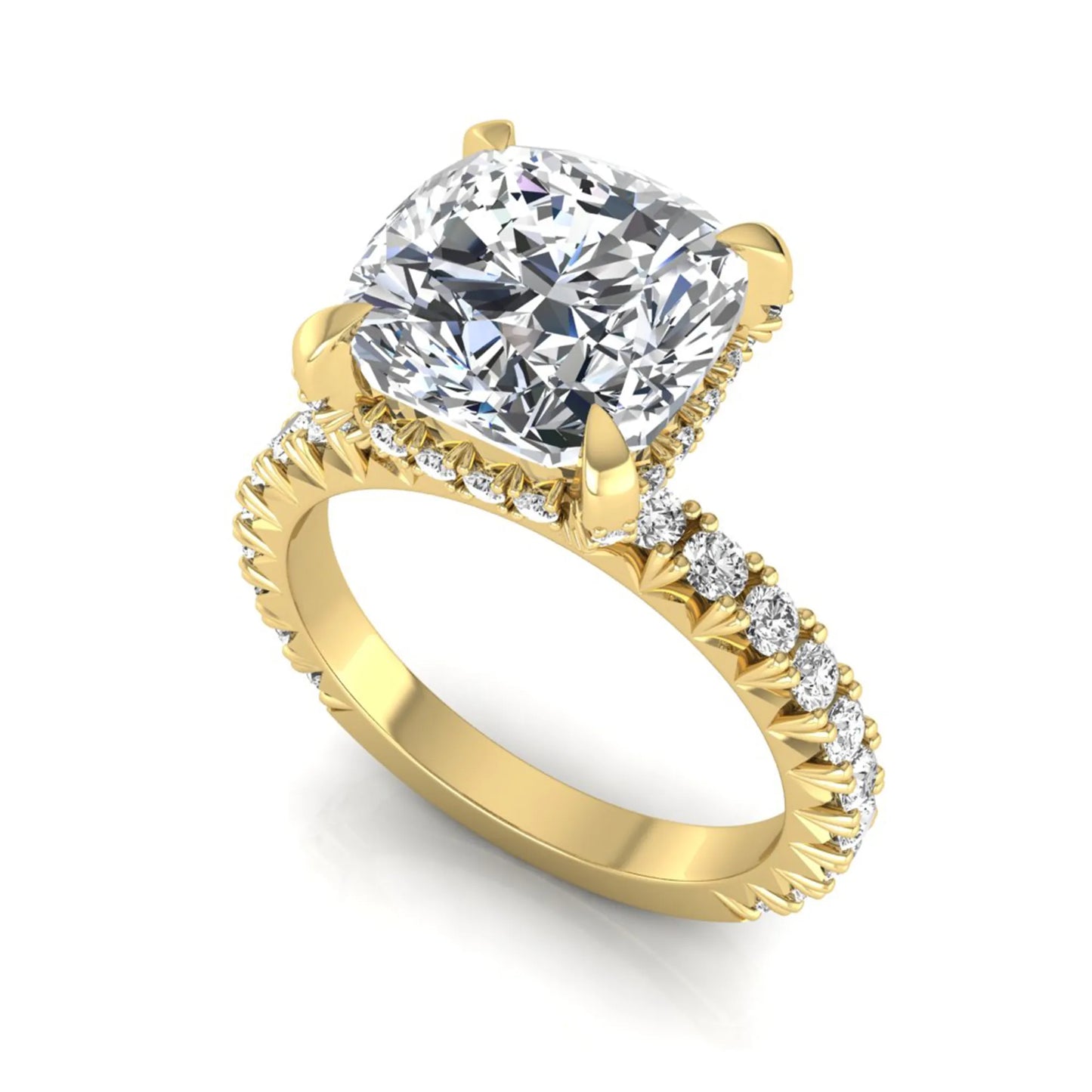 Cushion cut lab grown diamond engagement ring featuring a four-prong setting with round pavé side diamonds and yellow gold tone band.