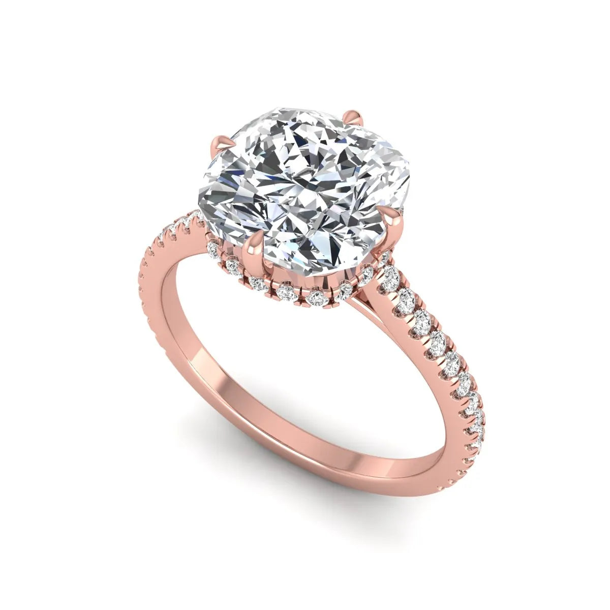 Cushion cut lab grown diamond hidden halo engagement ring featuring a 2.75 carat IGI certified center diamond with a pavé diamond band in rose gold.