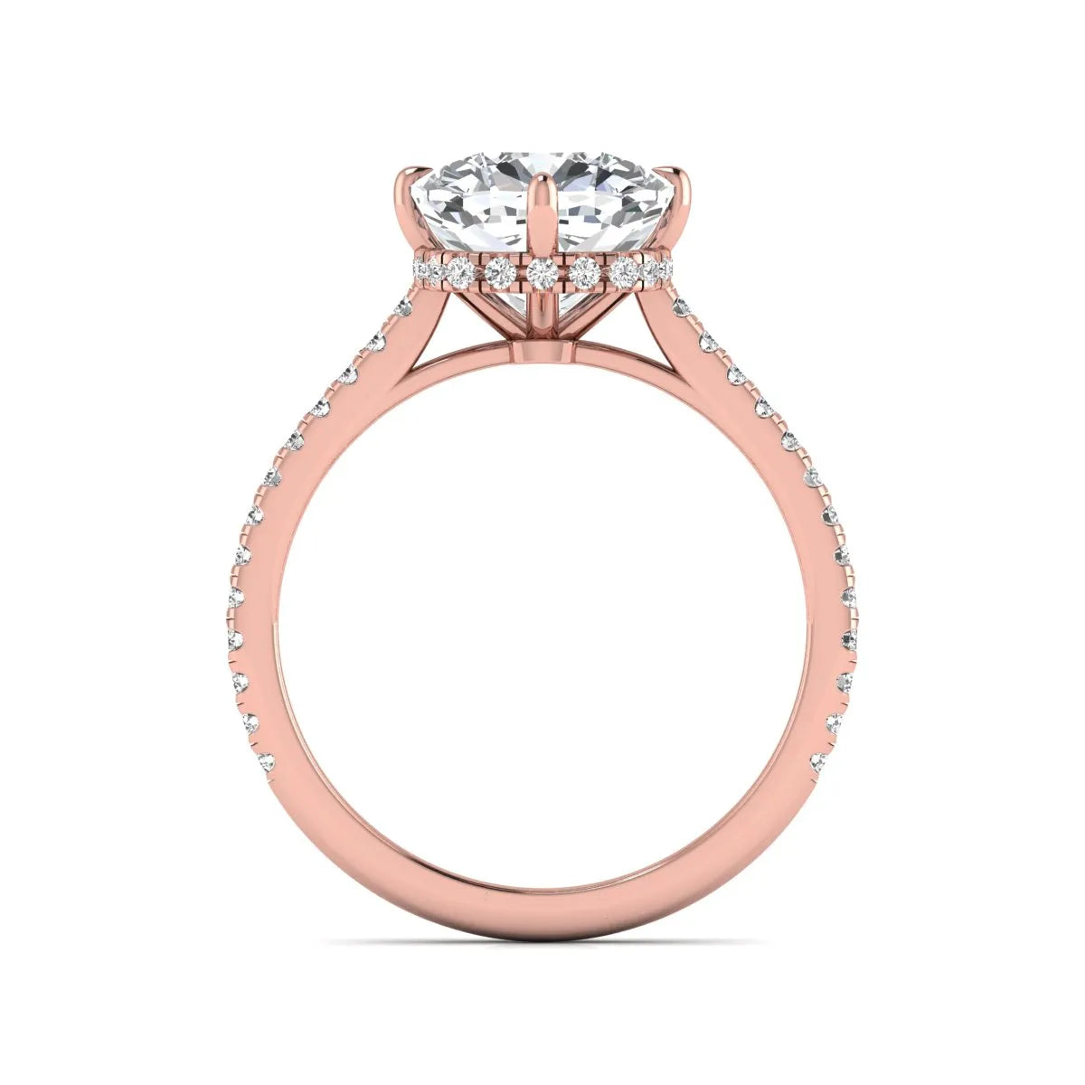 Cushion cut lab grown diamond hidden halo engagement ring featuring a 2.75 carat IGI certified center diamond with a pavé diamond band in rose gold.