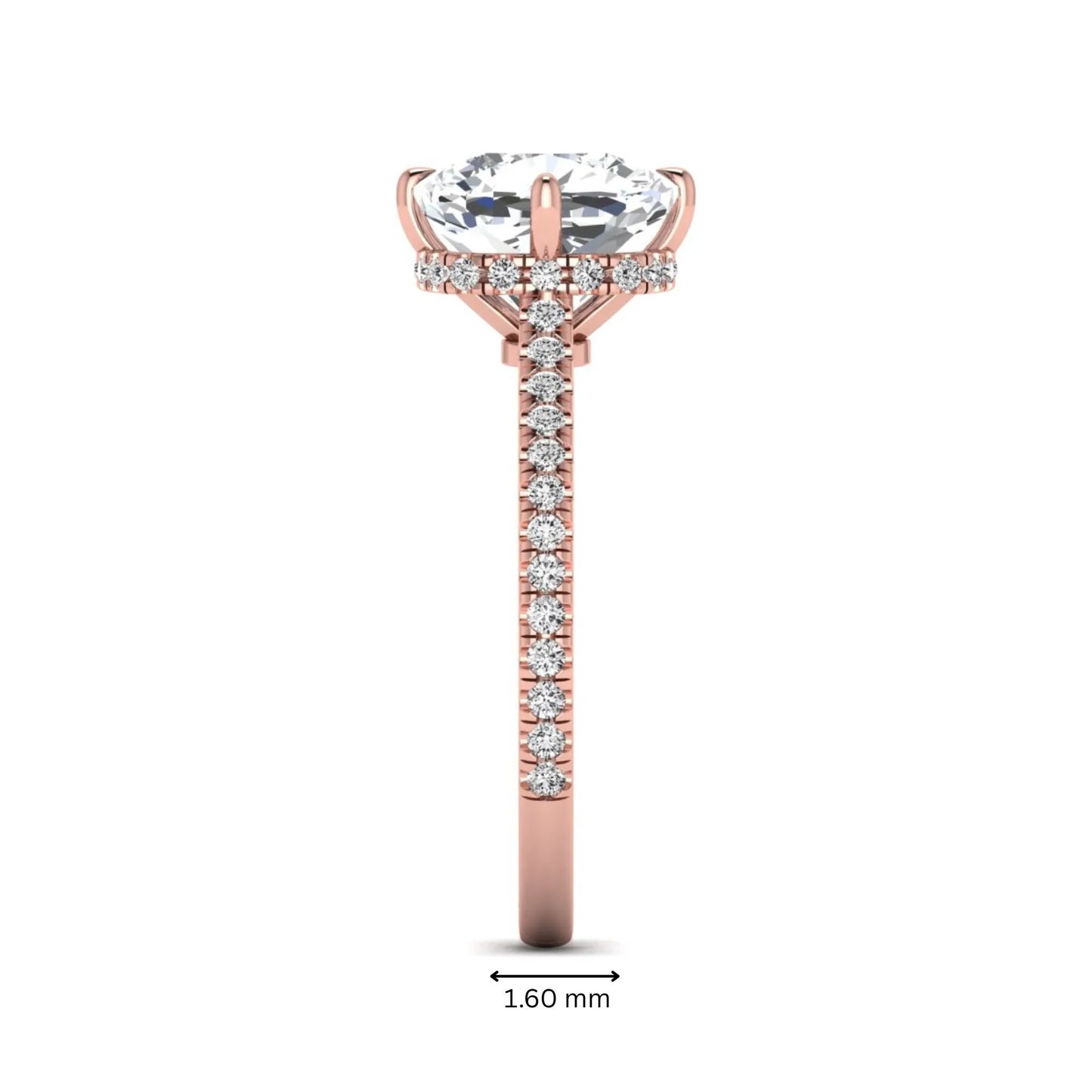Cushion cut lab grown diamond hidden halo engagement ring featuring a 2.75 carat IGI certified center diamond with a pavé diamond band in rose gold.