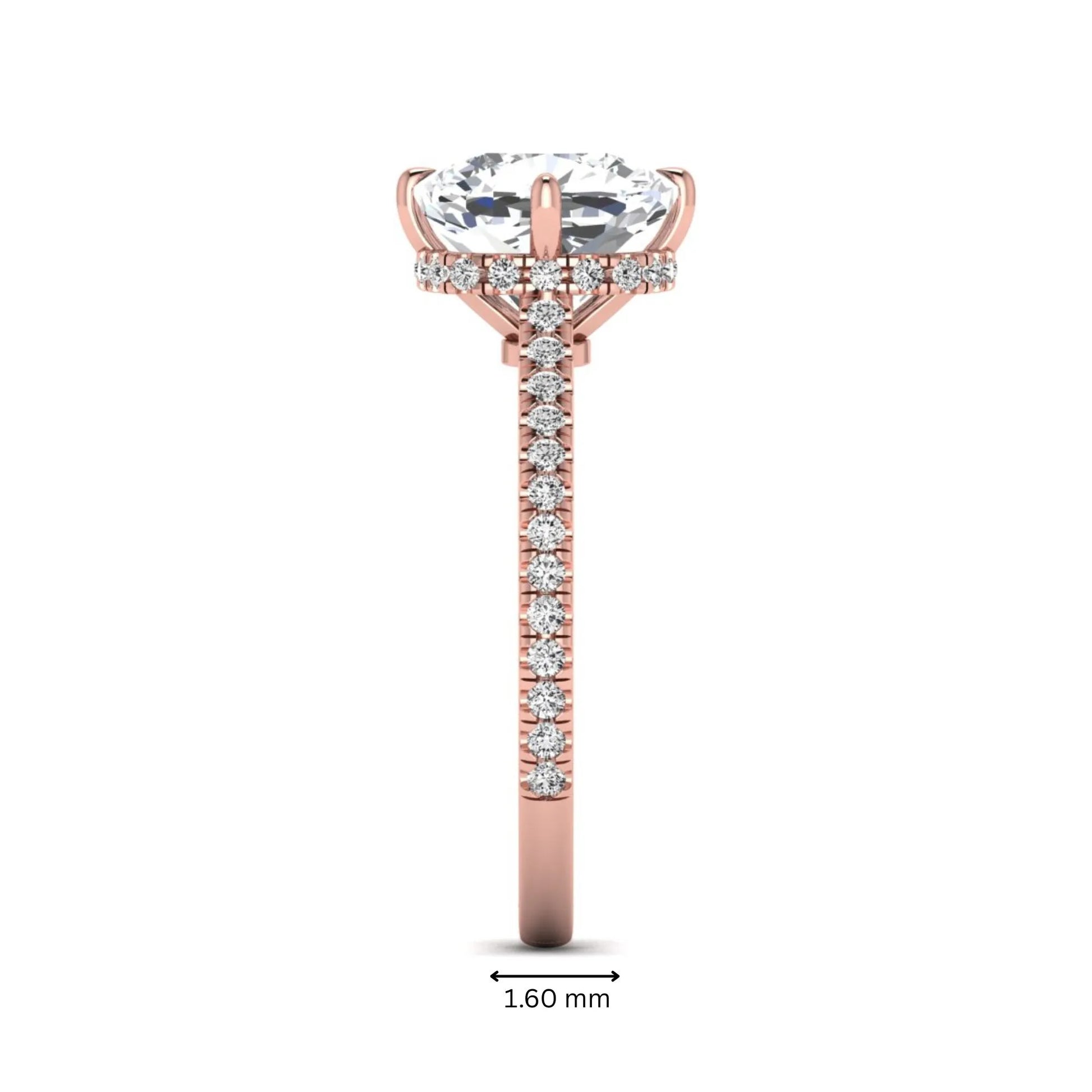 Cushion cut lab grown diamond hidden halo engagement ring featuring a 2.75 carat IGI certified center diamond with a pavé diamond band in rose gold.