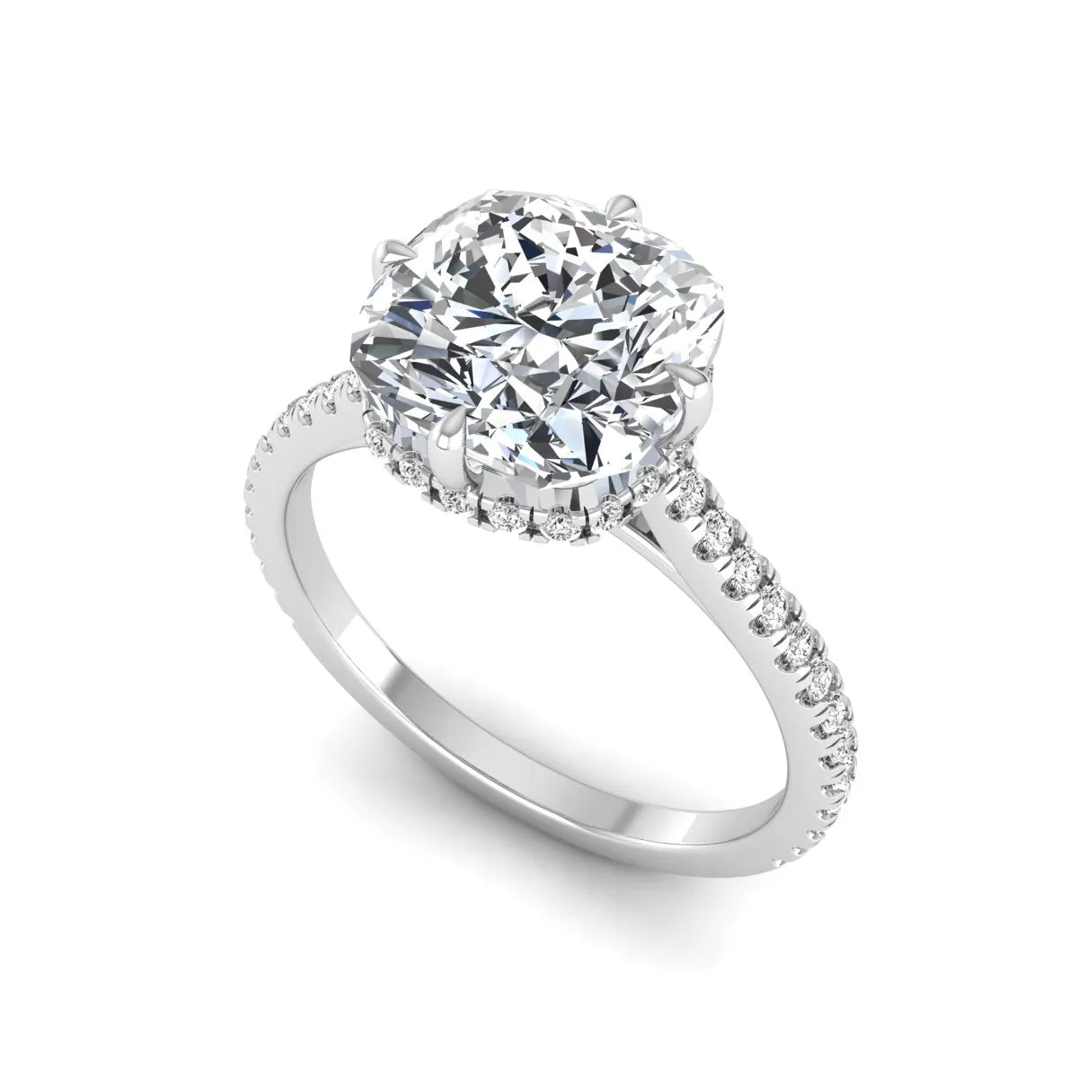 Cushion cut lab grown diamond hidden halo engagement ring featuring a 2.75 carat IGI certified center diamond with a pavé diamond band in white gold.