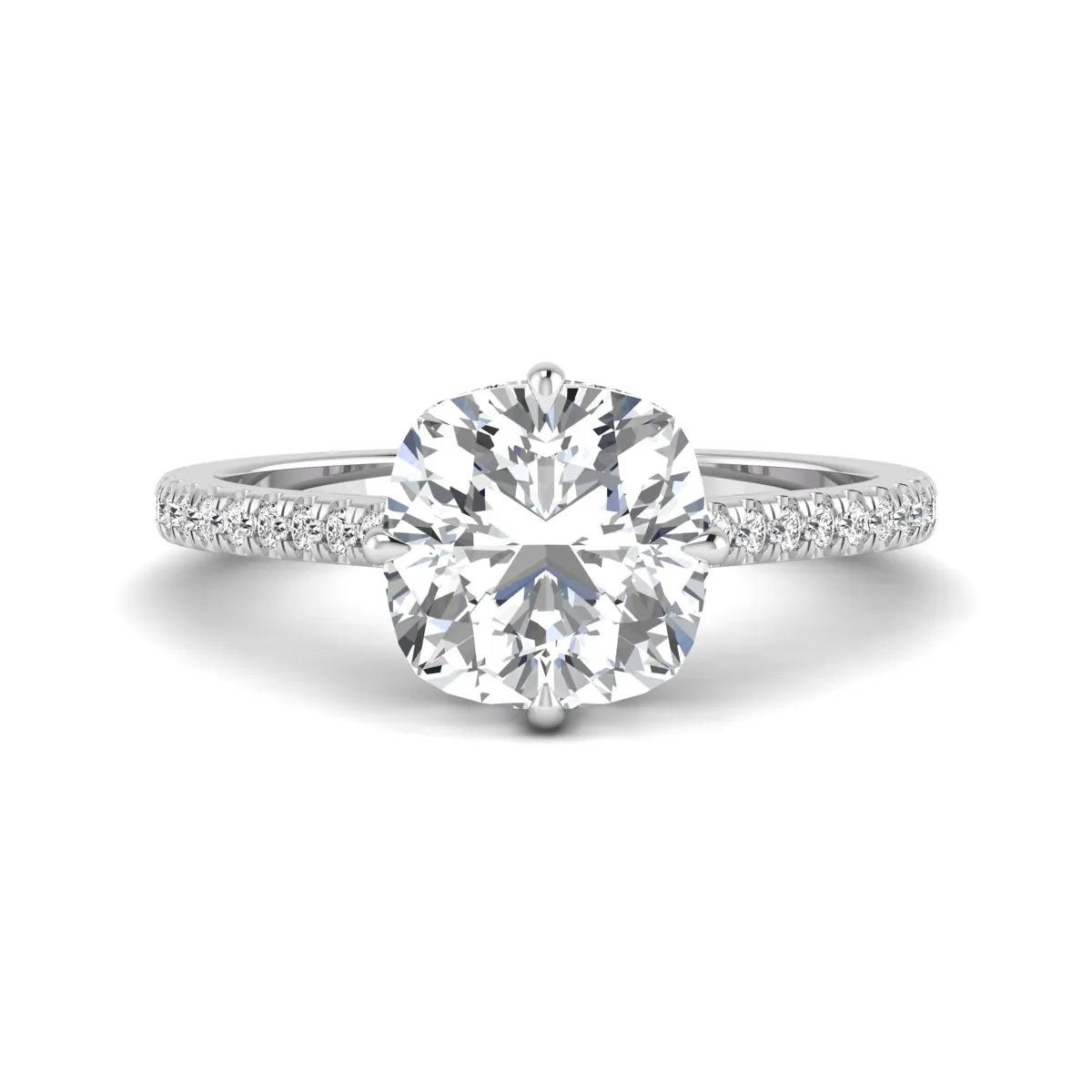 Cushion cut lab grown diamond hidden halo engagement ring featuring a 2.75 carat IGI certified center diamond with a pavé diamond band in white gold.