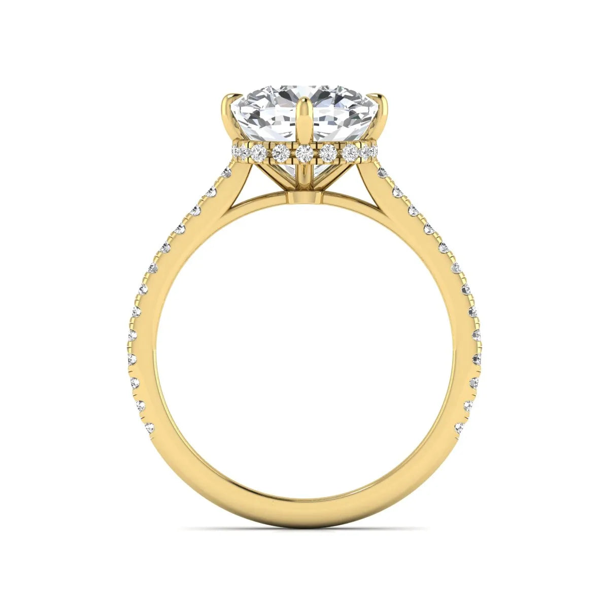 Cushion cut lab grown diamond hidden halo engagement ring featuring a 2.75 carat IGI certified center diamond with a pavé diamond band in yellow gold.