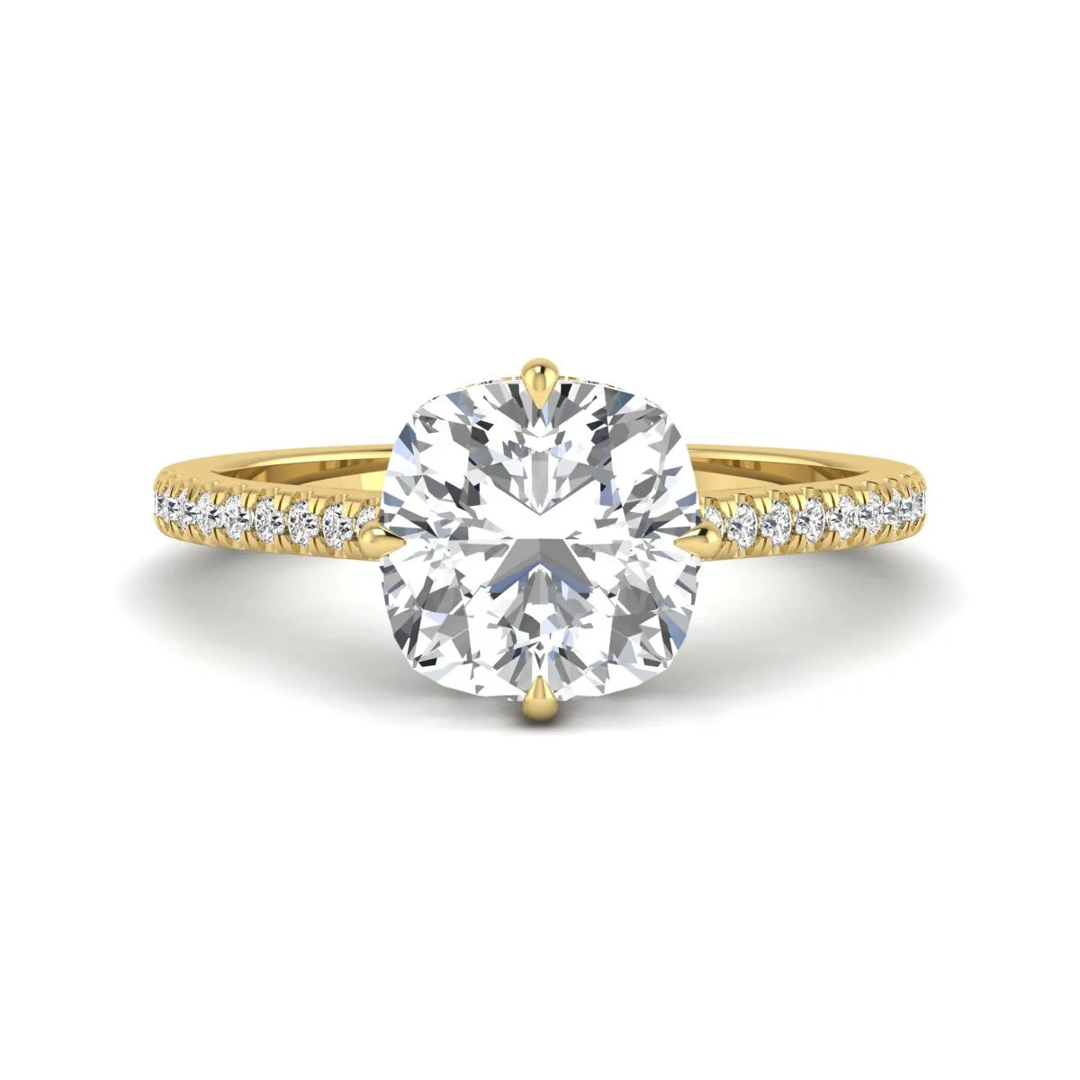Cushion cut lab grown diamond hidden halo engagement ring featuring a 2.75 carat IGI certified center diamond with a pavé diamond band in yellow gold.