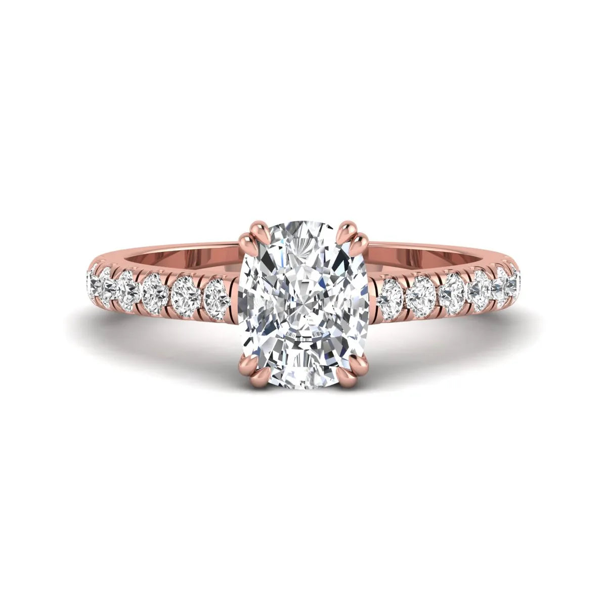 IGI certified cushion cut lab grown diamond solitaire accent engagement ring with pavé round diamond band in rose gold.