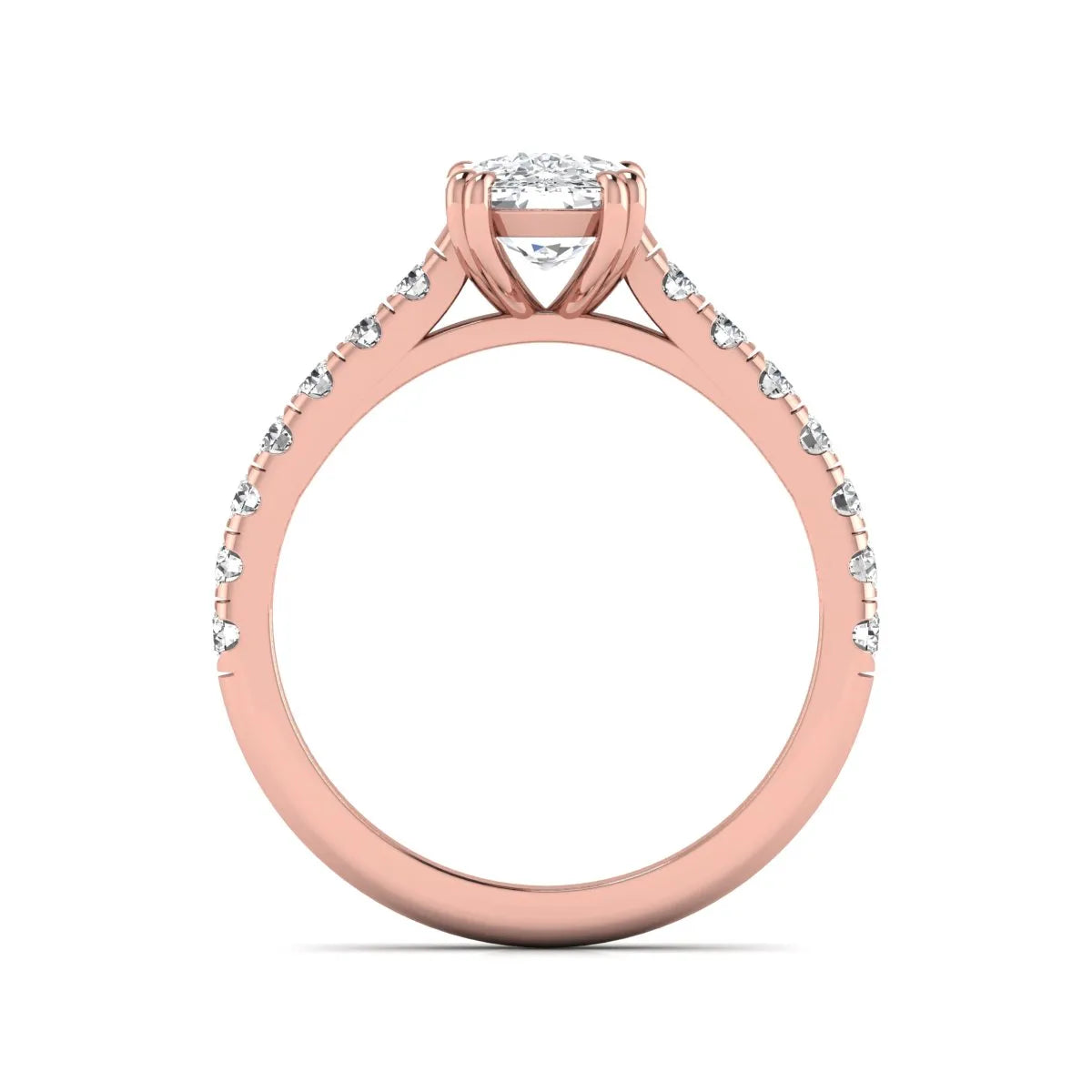 IGI certified cushion cut lab grown diamond solitaire accent engagement ring with pavé round diamond band in rose gold.