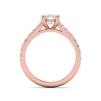 IGI certified cushion cut lab grown diamond solitaire accent engagement ring with pavé round diamond band in rose gold.