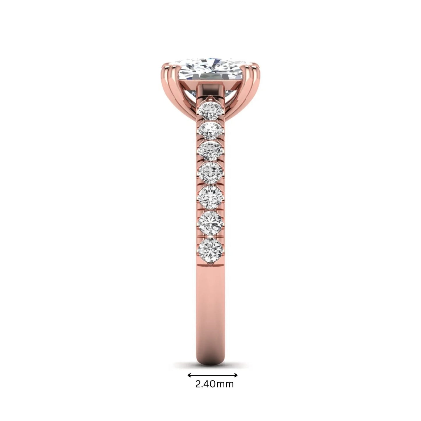 IGI certified cushion cut lab grown diamond solitaire accent engagement ring with pavé round diamond band in rose gold.