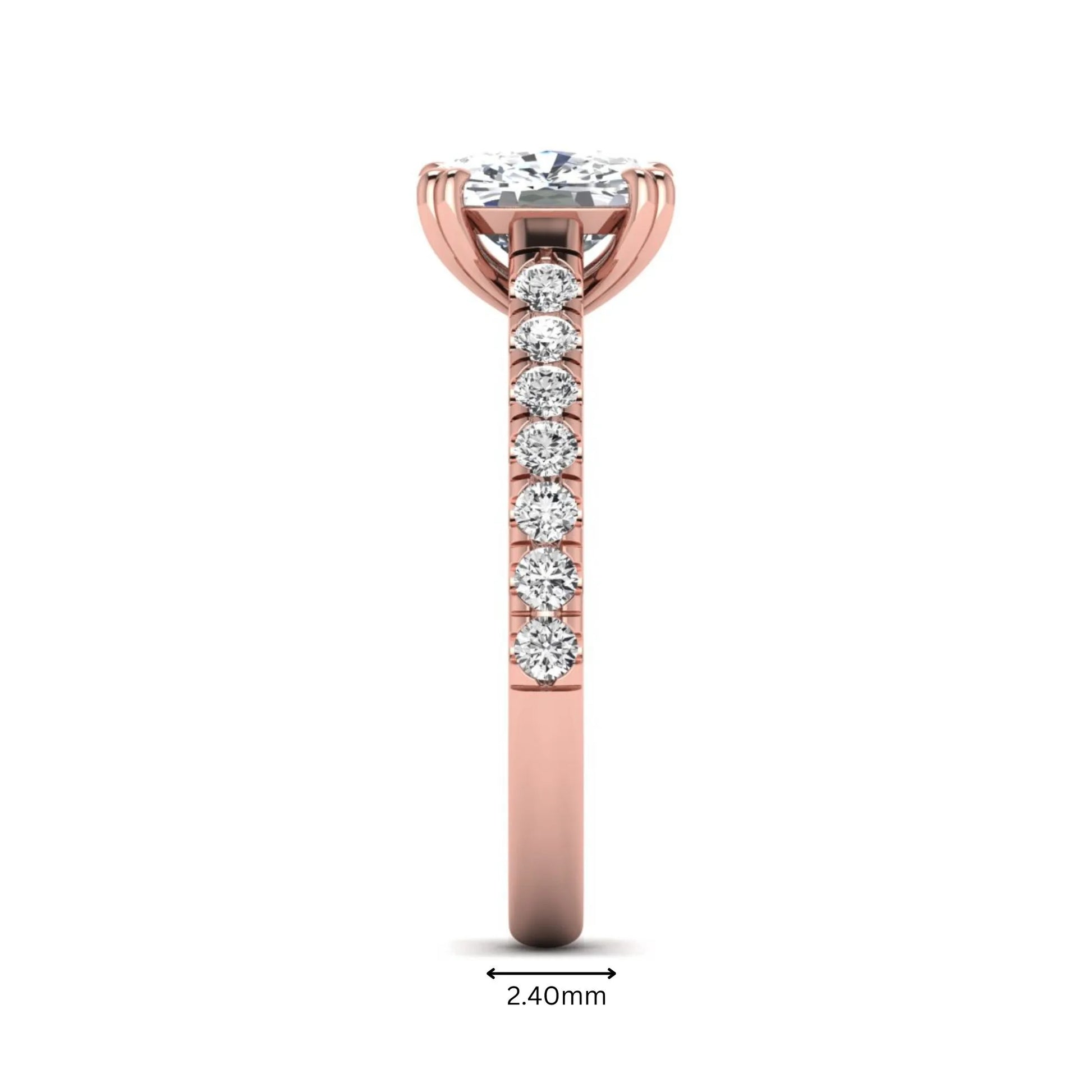 IGI certified cushion cut lab grown diamond solitaire accent engagement ring with pavé round diamond band in rose gold.