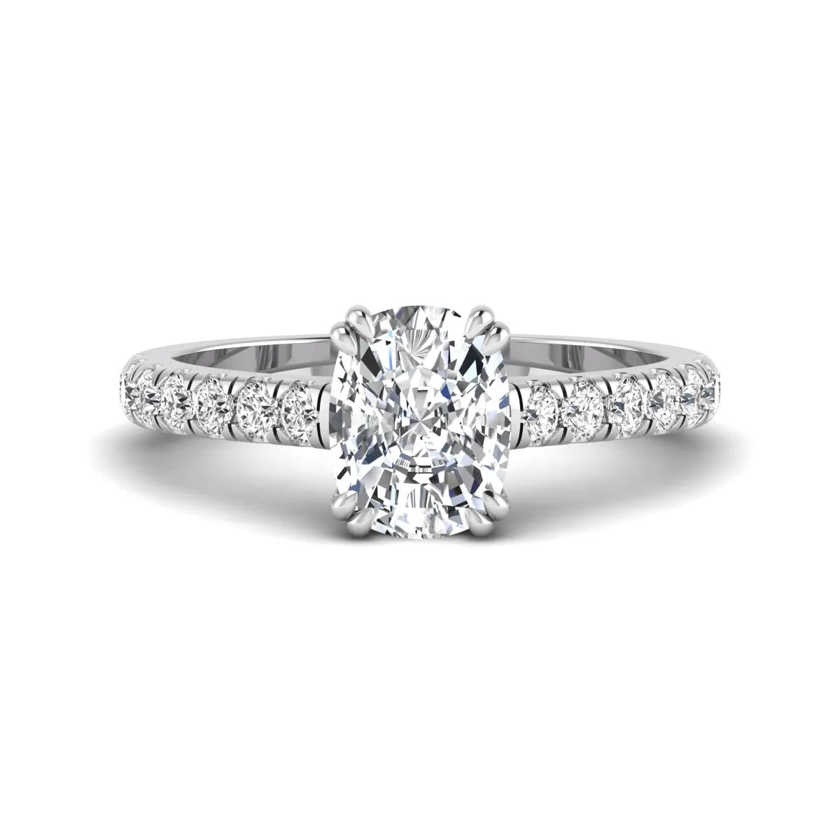 IGI certified cushion cut lab grown diamond solitaire accent engagement ring with pavé round diamond band in white gold.