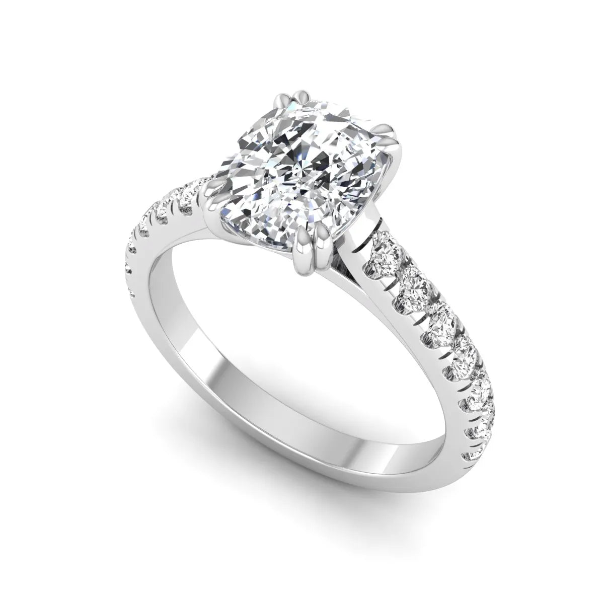 IGI certified cushion cut lab grown diamond solitaire accent engagement ring with pavé round diamond band in white gold.