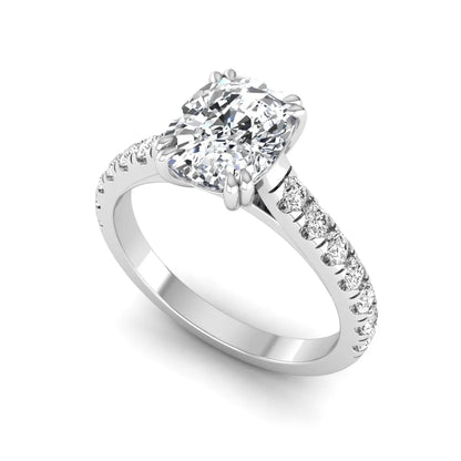 IGI certified cushion cut lab grown diamond solitaire accent engagement ring with pavé round diamond band in white gold.