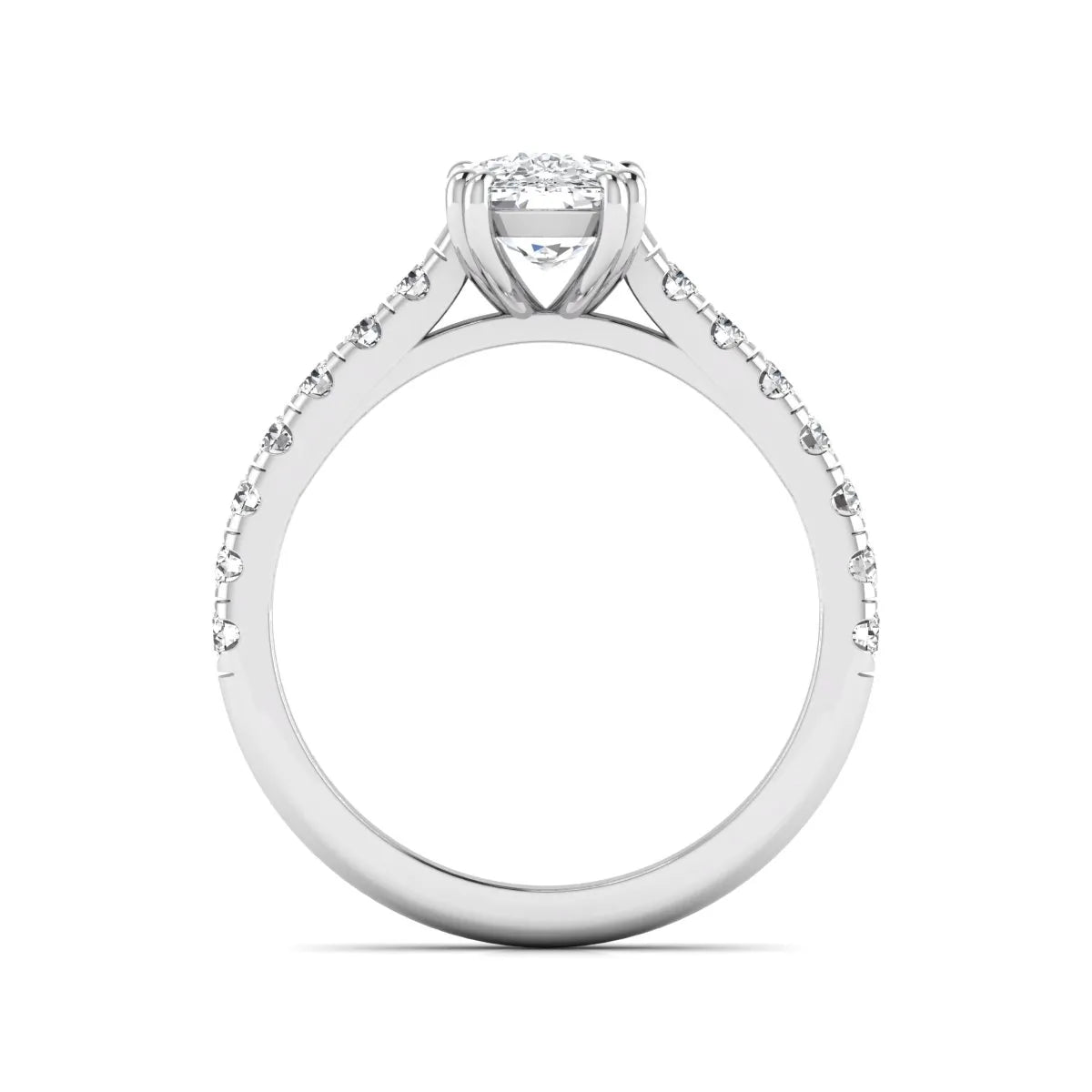 IGI certified cushion cut lab grown diamond solitaire accent engagement ring with pavé round diamond band in white gold.